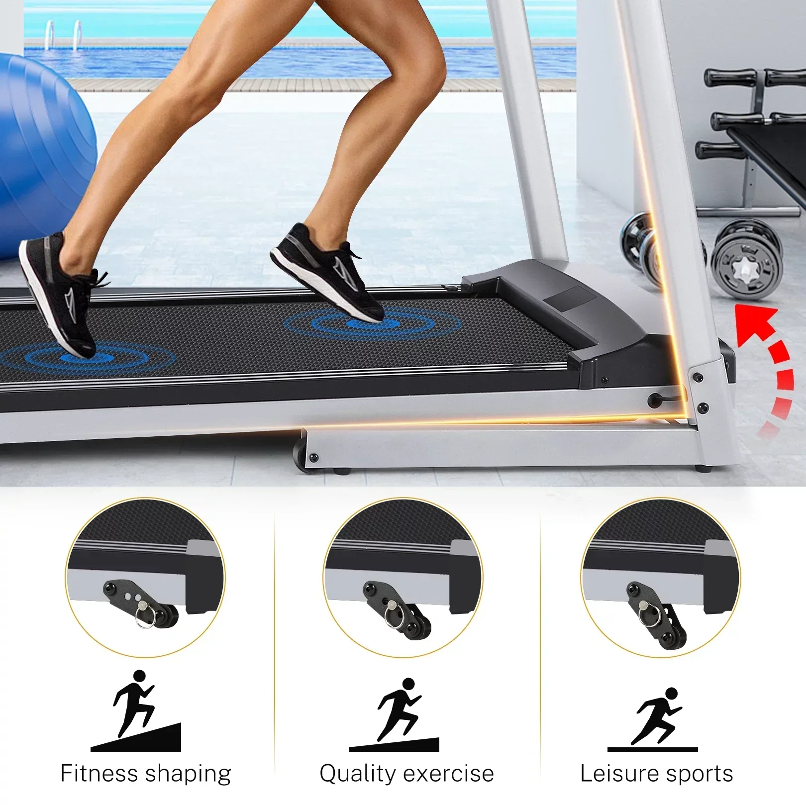 Folding Treadmill With 10 in HD Touchscreen, 3.25HP, 0.5-9MPH, WiFi - Silver - Image 4 Folding Treadmill With 10 in HD Touchscreen, 3.25HP, 0.5-9MPH, WiFi - Silver - Image 4
