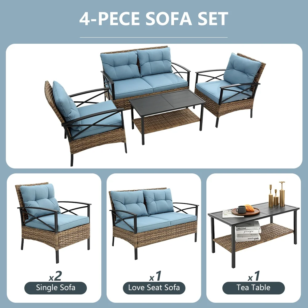 Patio Sofa Set, 4 Pieces Outdoor Sectional Furniture, All-Weather PE Rattan Wicker Patio Conversation Set, Cushioned Sofa Set with Coffee Table for Patio Garden Poolside Deck - Image 38