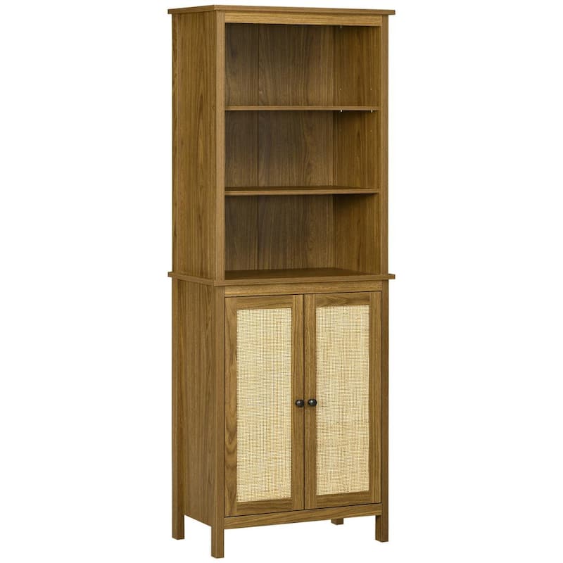 Estantería Rústica de Madera de Nogal con 5 Estantes, Armario y Puertas de Ratán de 23.5 de Ancho bg6348507