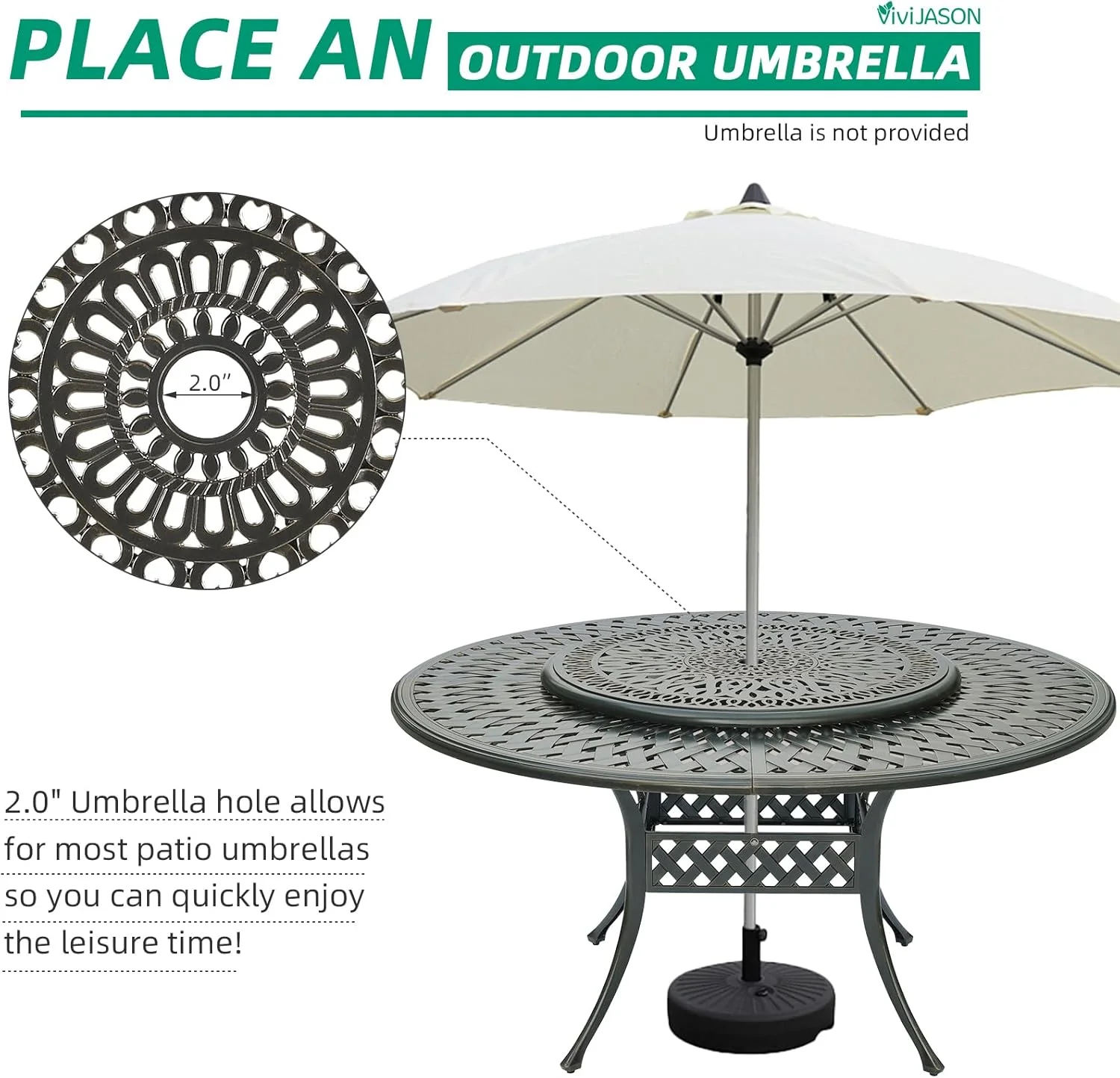 VIVIJASON Outdoor 61" Patio Dining Table for 6-8 Person, Large Patio Round Dining Table with 24" Lazy Susan, Dark Bronze Cast Aluminum Rustic Patio Table W/Umbrella Hole for Balcony, Porch and Deck - Image 13