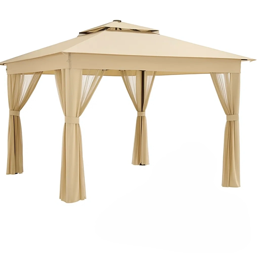 Pérgola con cortinas 3x3 m beige con estructura de acero,cenador cuadrado para jardín - HreyetR153wg