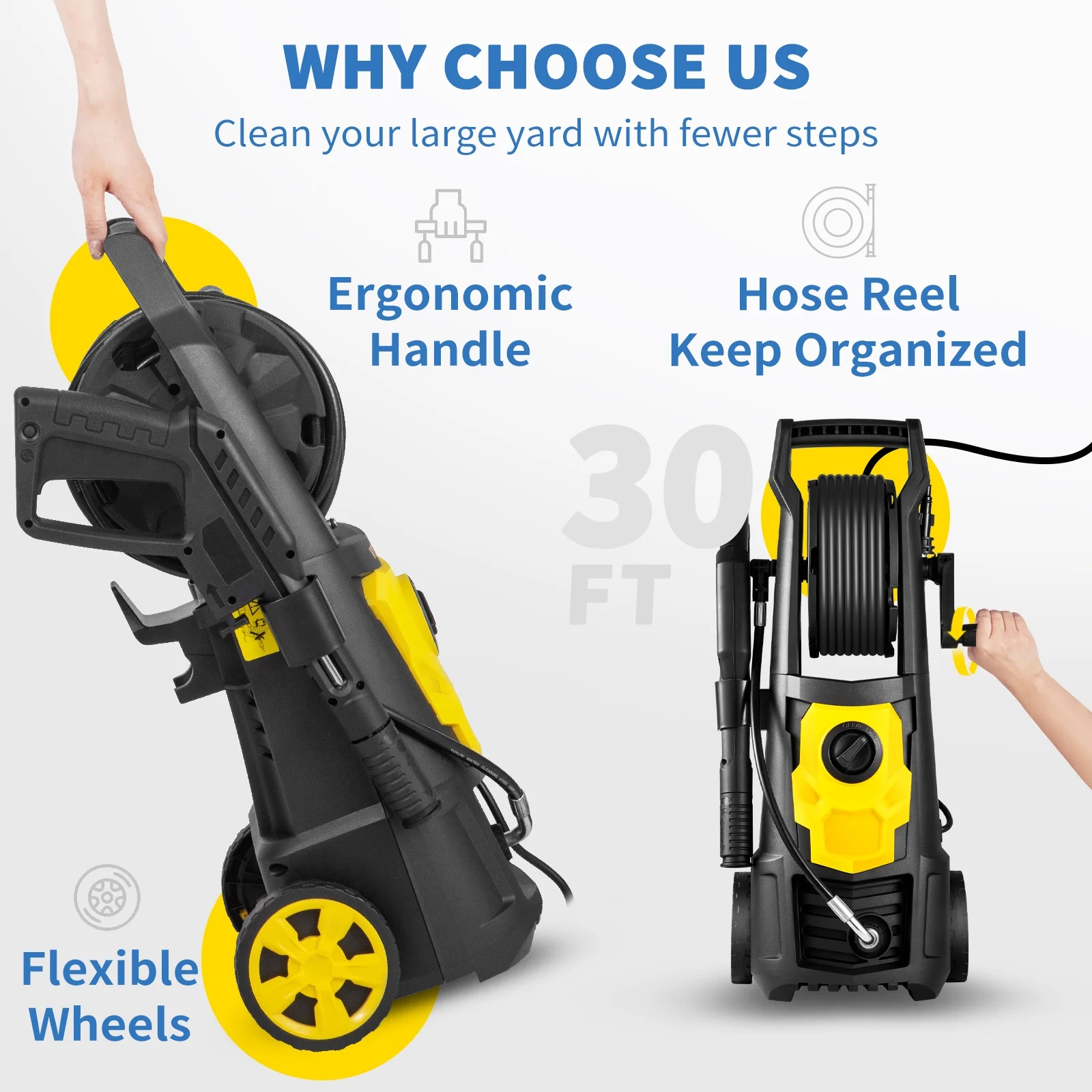 BENTISM Electric Pressure Washer, 2000 PSI 1.76 GPM 30 ft Hose & Reel, 5 Quick Connect Nozzles, Foam Cannon, Portable to Clean Patios, Cars, Fences, Driveways, ETL Listed - Image 8