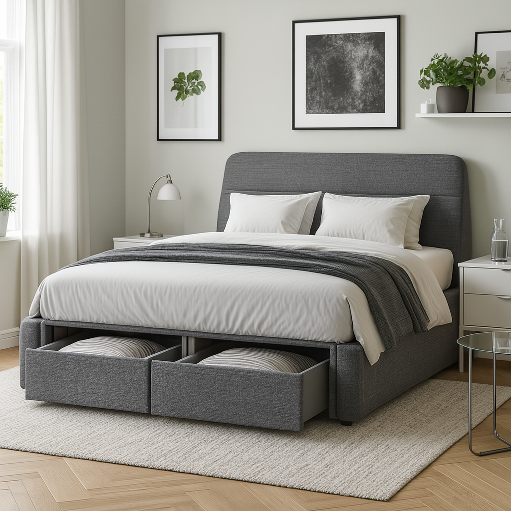 Cama tapizada gris con cajones – almacenamiento práctico y diseño moderno