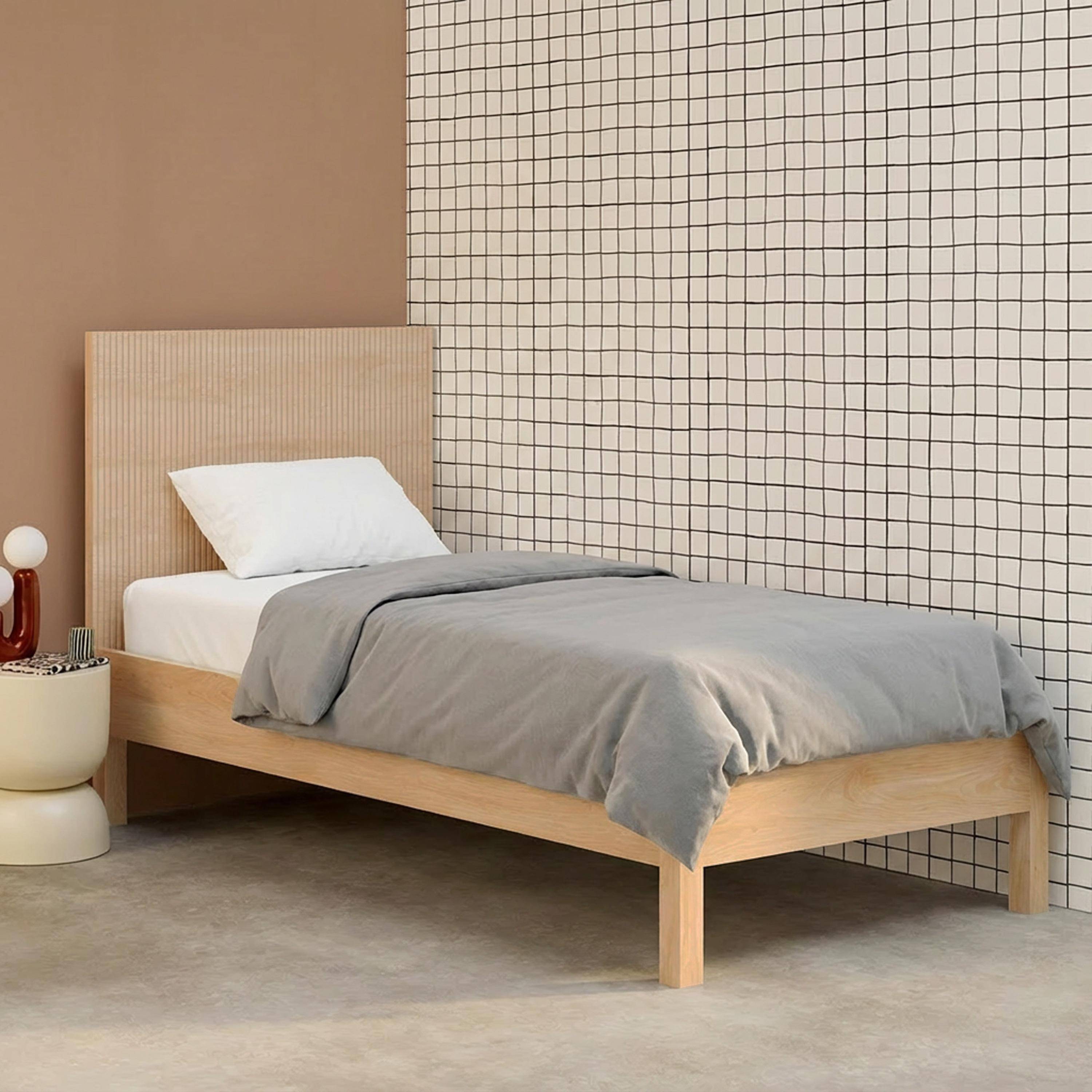 Linear - Cama con somier de láminas y cabecero 90x190cm, decoración madera