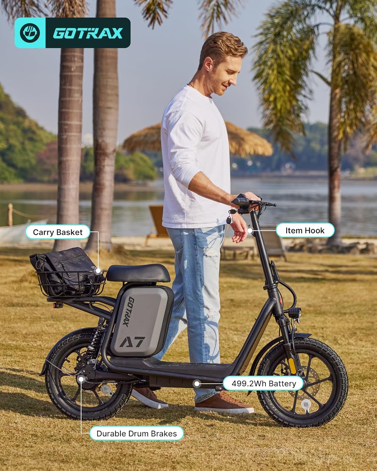Gotrax adult electric scooter with seat maximum range of 19-25 miles all-terrain tires wide pedals