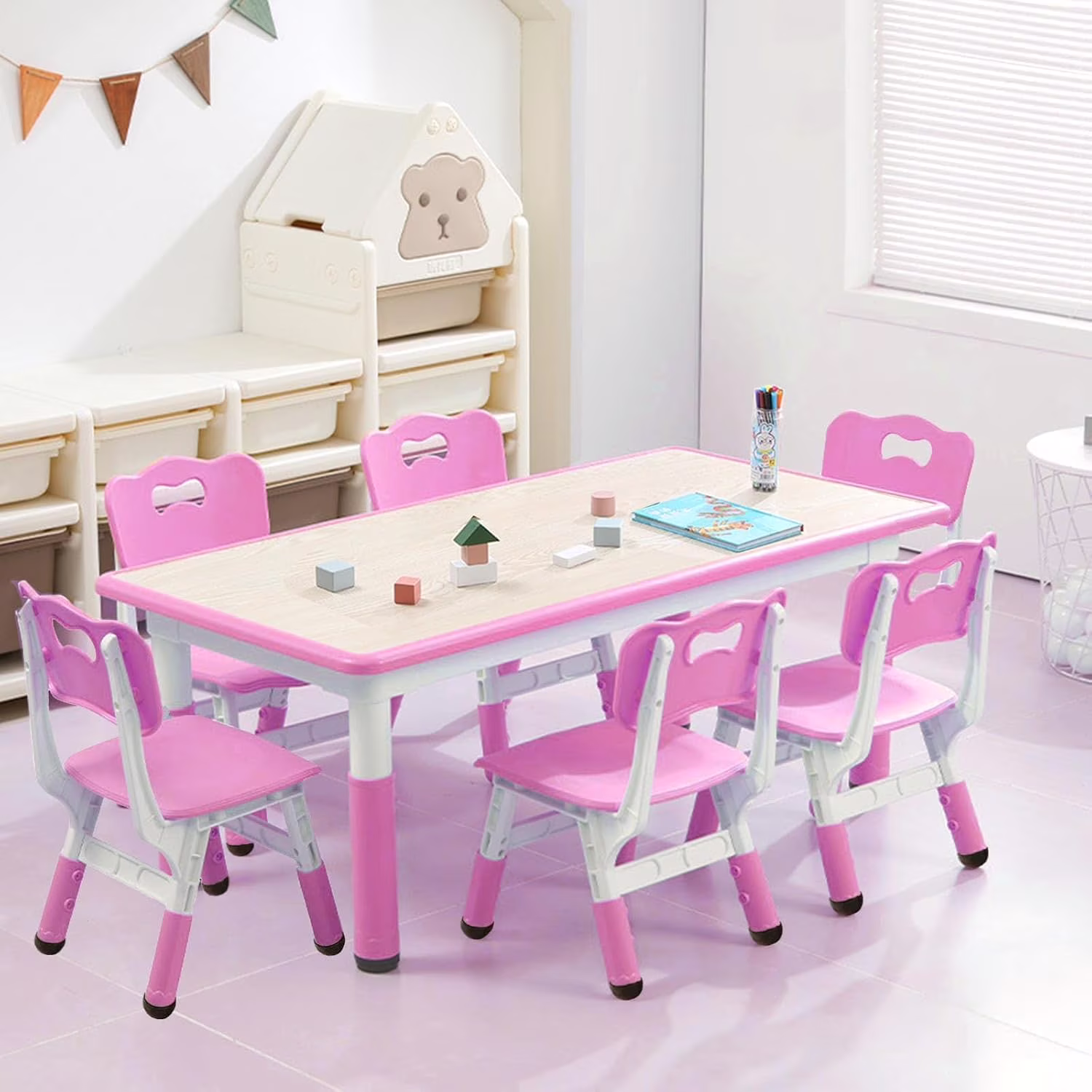 TROPOW Kids Table and Chairs,Height Adjustable Toddler Table and 6 Chair,Multi-Activity Table with Graffiti Desktop Non-Slip Legs for Ages 2-10,Children Activity Table for Daycare,Classroom,Blue - Image 7