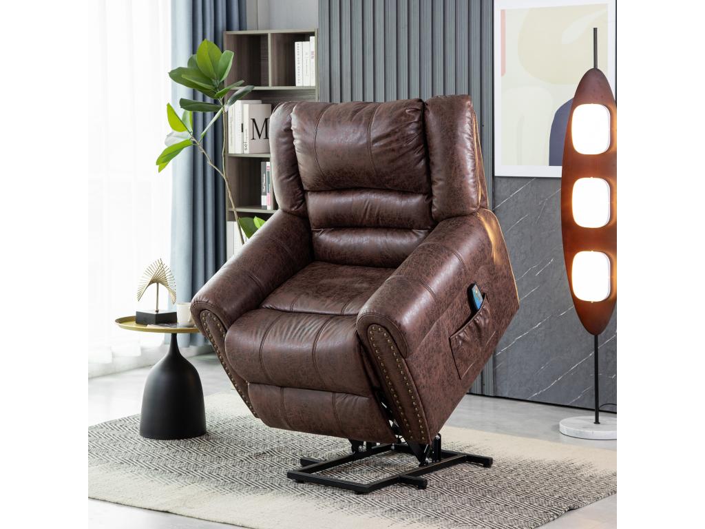 Sillón de masaje eléctrico con ayuda para ponerse de pie y 2 bolsillos - acolchado de tela - función reclinable y calefactora - marrón