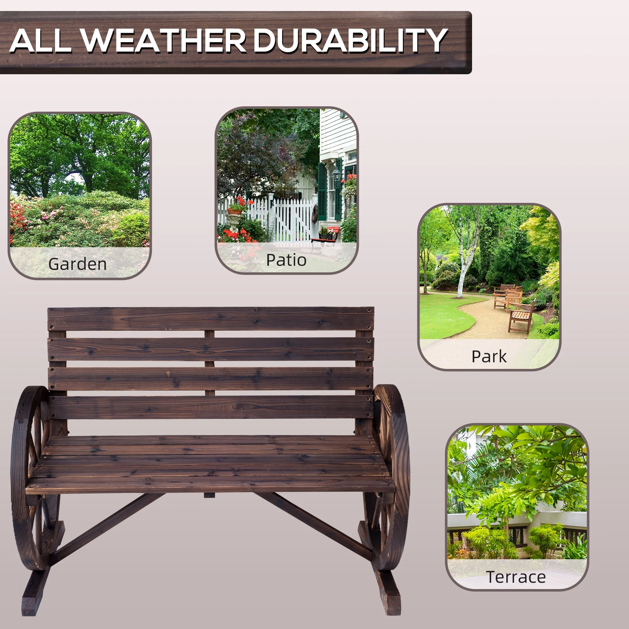 Outsunny Wooden Wagon Wheel Bench Rustic Outdoor Patio Furniture, 2-Person Seat Bench with Backrest Carbonized - Image 7
