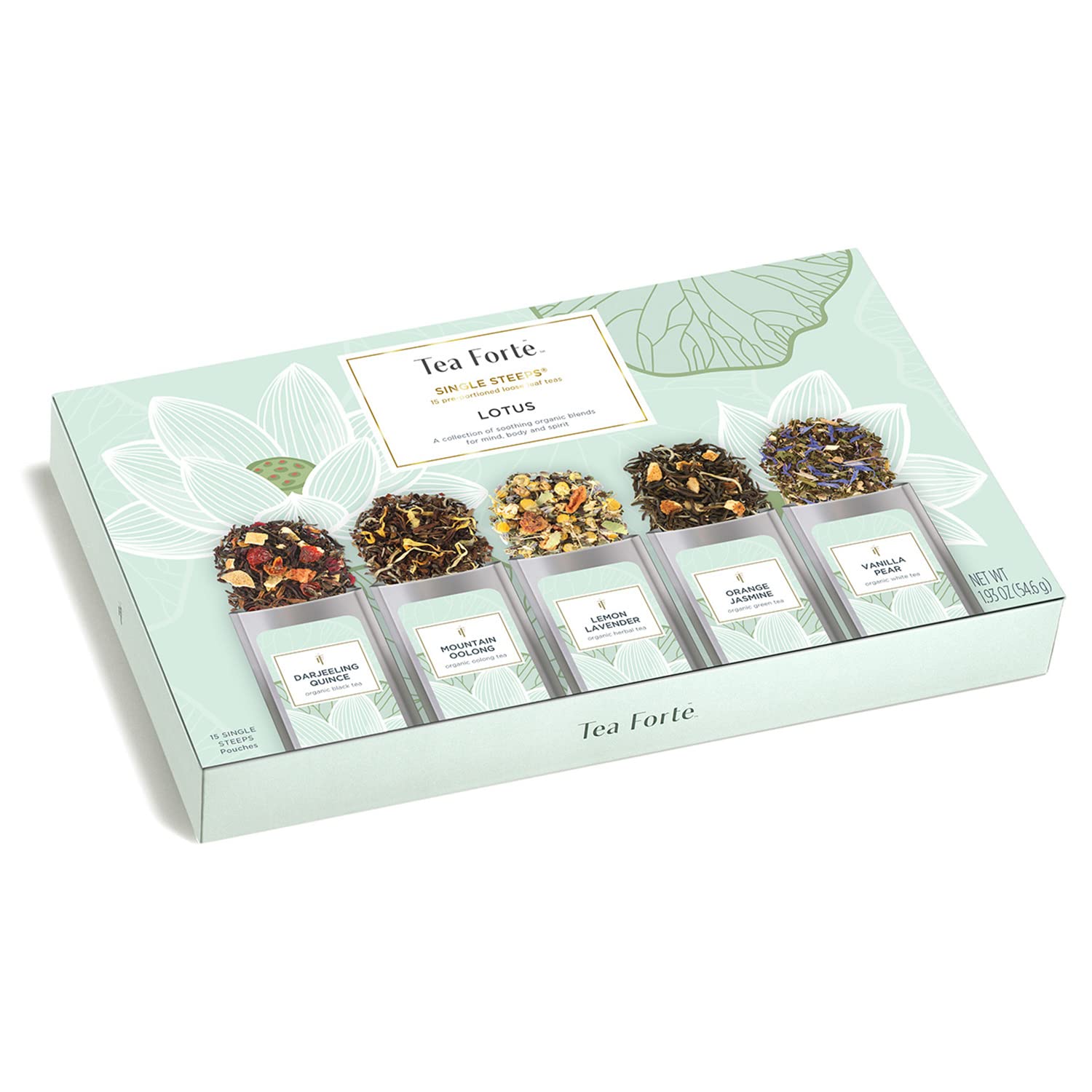 Tea Forte Single Steeps Loose Leaf Tea Sampler, Assorted Variety Tea Box, 15 Single Serve Pouches, Lotus Tea