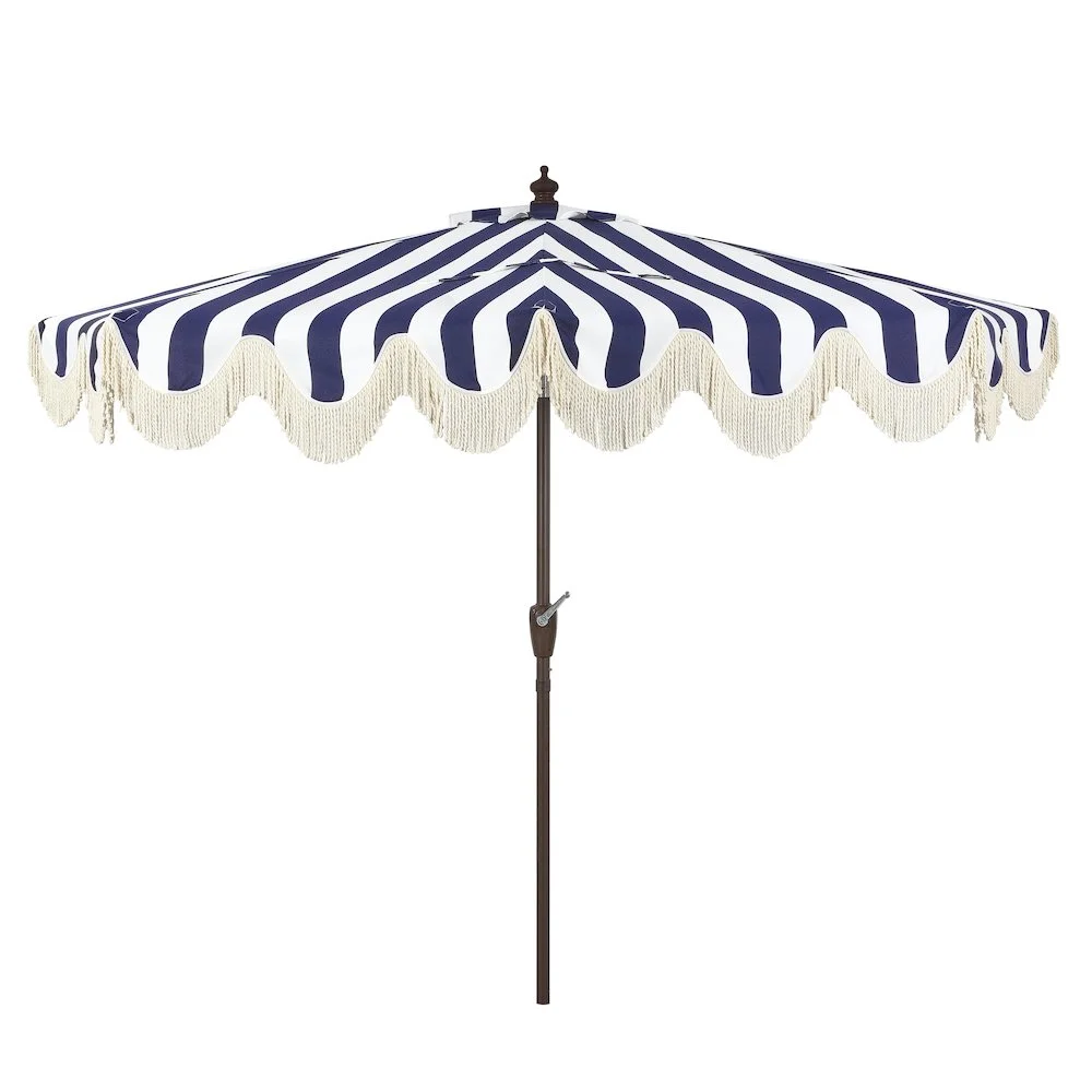 JONATHAN Y Beverly 9 ft. Half Market Patio Umbrella, Designer Classic Scalloped Fringe with Crank, Tilt Button and UV Protection, Blue/White/Cream, Dark Brown Pole - Image 43