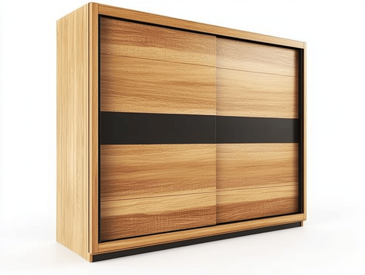 Armario ropero moderno con puertas correderas 160×200×58 cm – acabado roble natural y franja negra – diseño contemporáneo