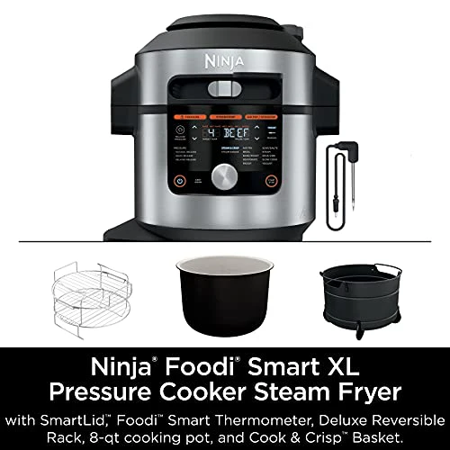 Ninja OL701 Foodi 14 in 1 SMART XL 8 Qt. Pressure Cooker Steam Fryer with SmartLid & Thermometer   Auto Steam Release, that Air Fries, Proofs & More, 3 Layer Capacity, 5 Qt. Crisp Basket, Silver/Black