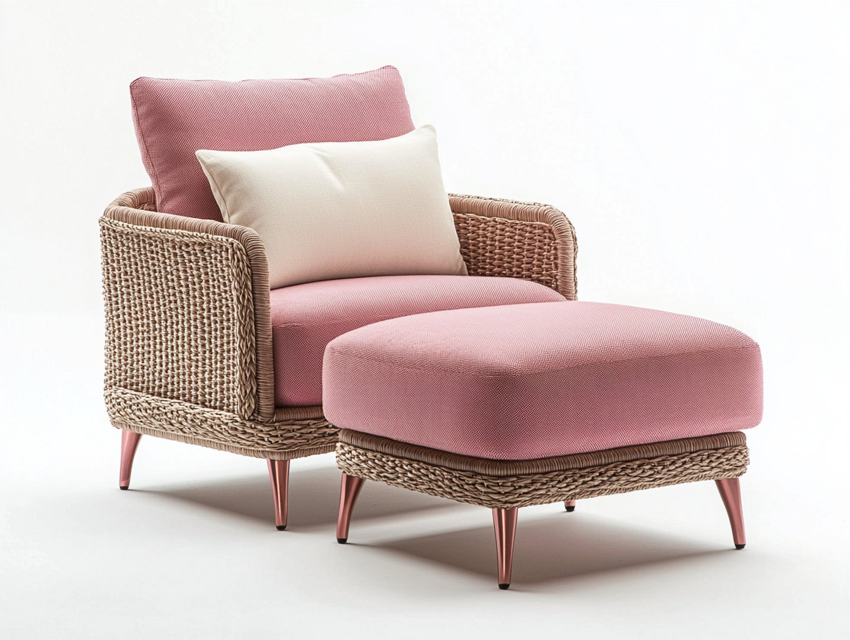 Sillón de exterior con reposapiés y cojines rosa trenzado en cuerda sintética