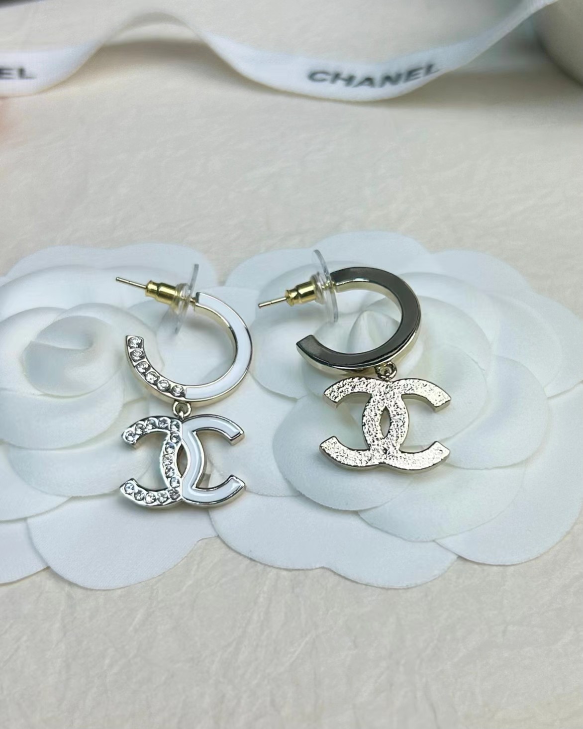 Chanel Half Enamel Half Diamond Double C Earrings - Original Replica Club