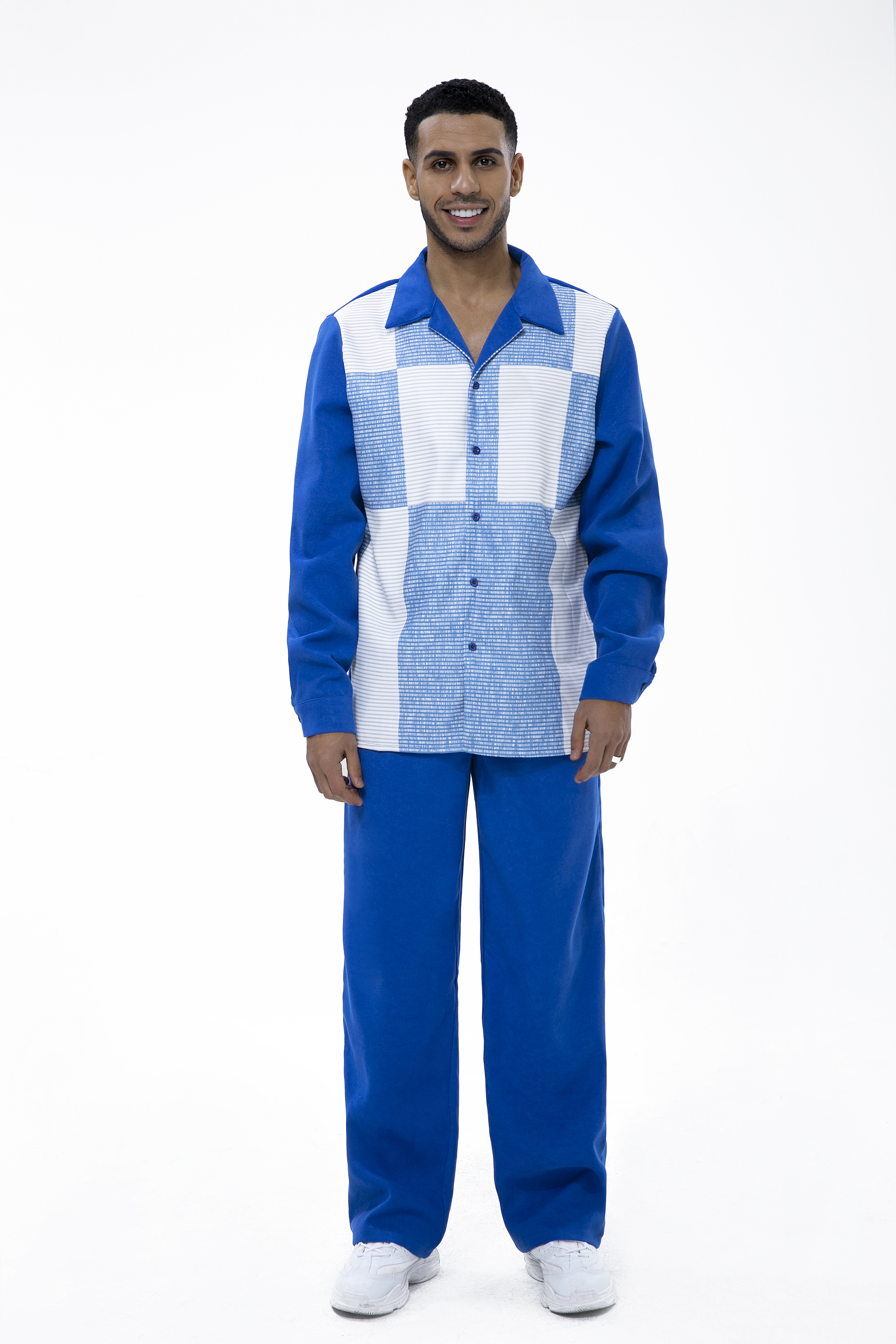 Suitmens Long Sleeve Trousers Blue Suede Two-Piece Walking Set