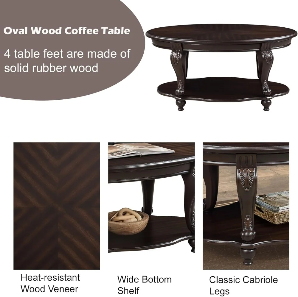 42" Oval Coffee Table with Storage Shelf, 2-Tier Solid Wood Cocktail Tea Table, Traditional Retro Center Table for Living Room, Bearing 400LBS, Cherry - Image 12