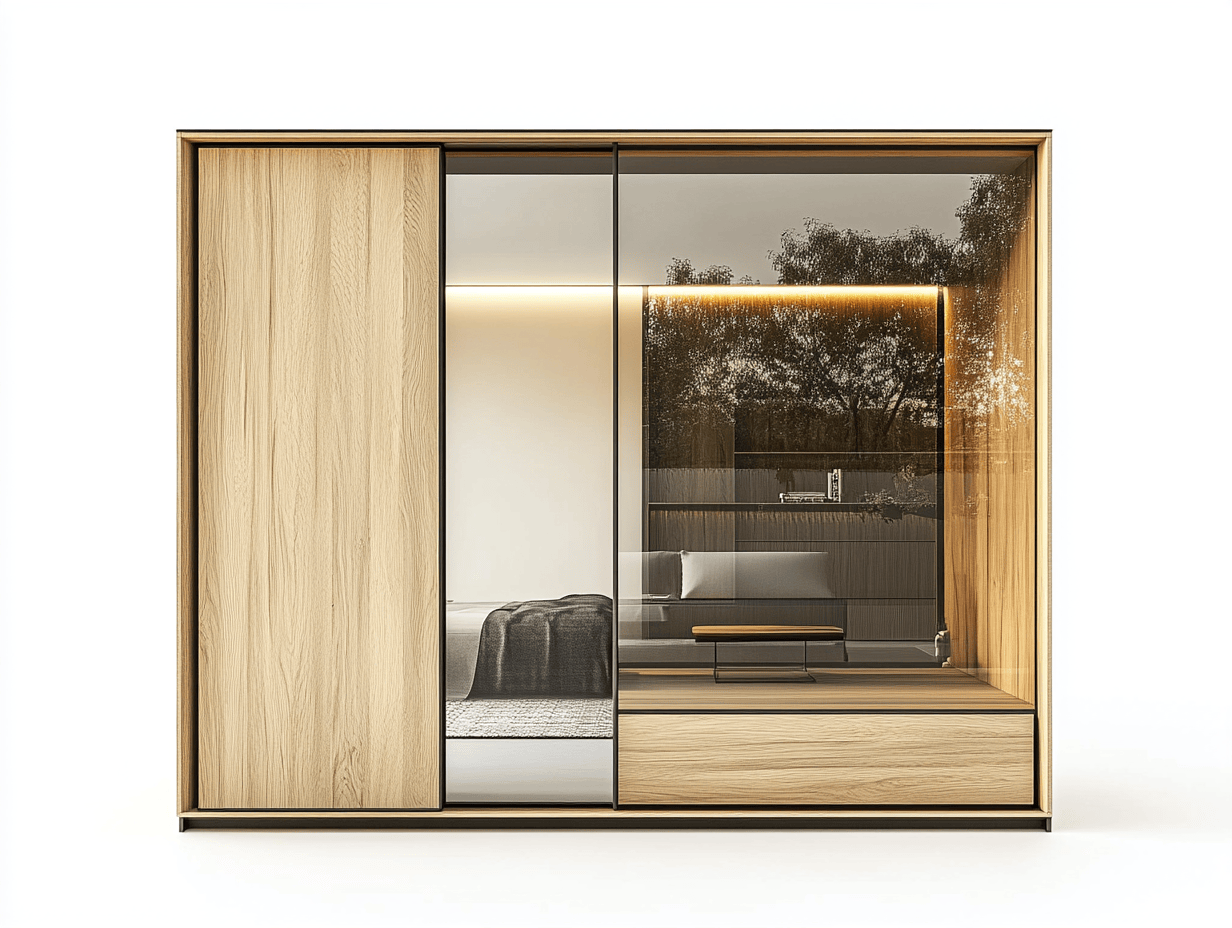 Armario con puertas correderas 220×65×210 cm – roble claro y cristal espejo ahumado – con iluminación LED interior – estilo moderno de lujo