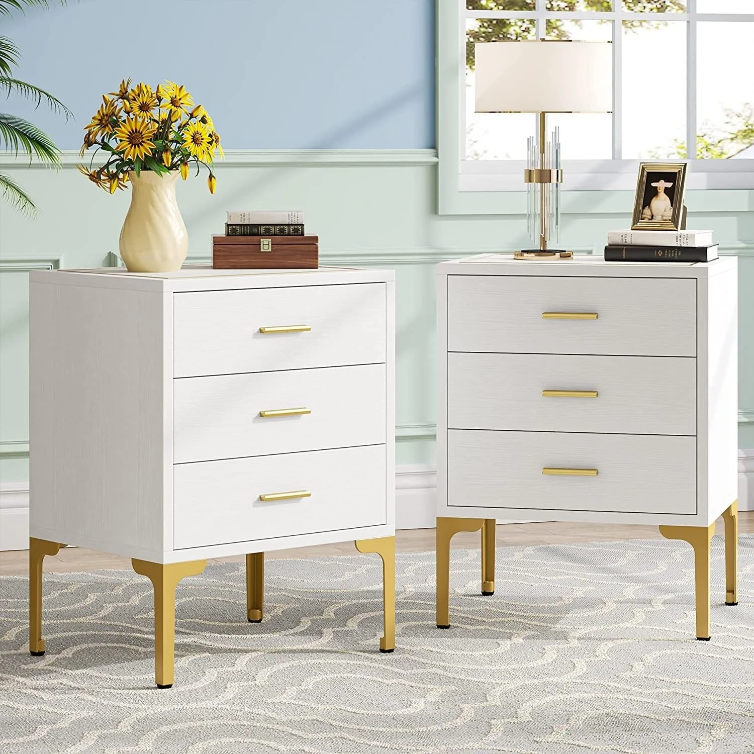 White Gold Nightstand, Modern 3 Drawers Bed Side Table for Bedroom 2 Pcs - Image 3