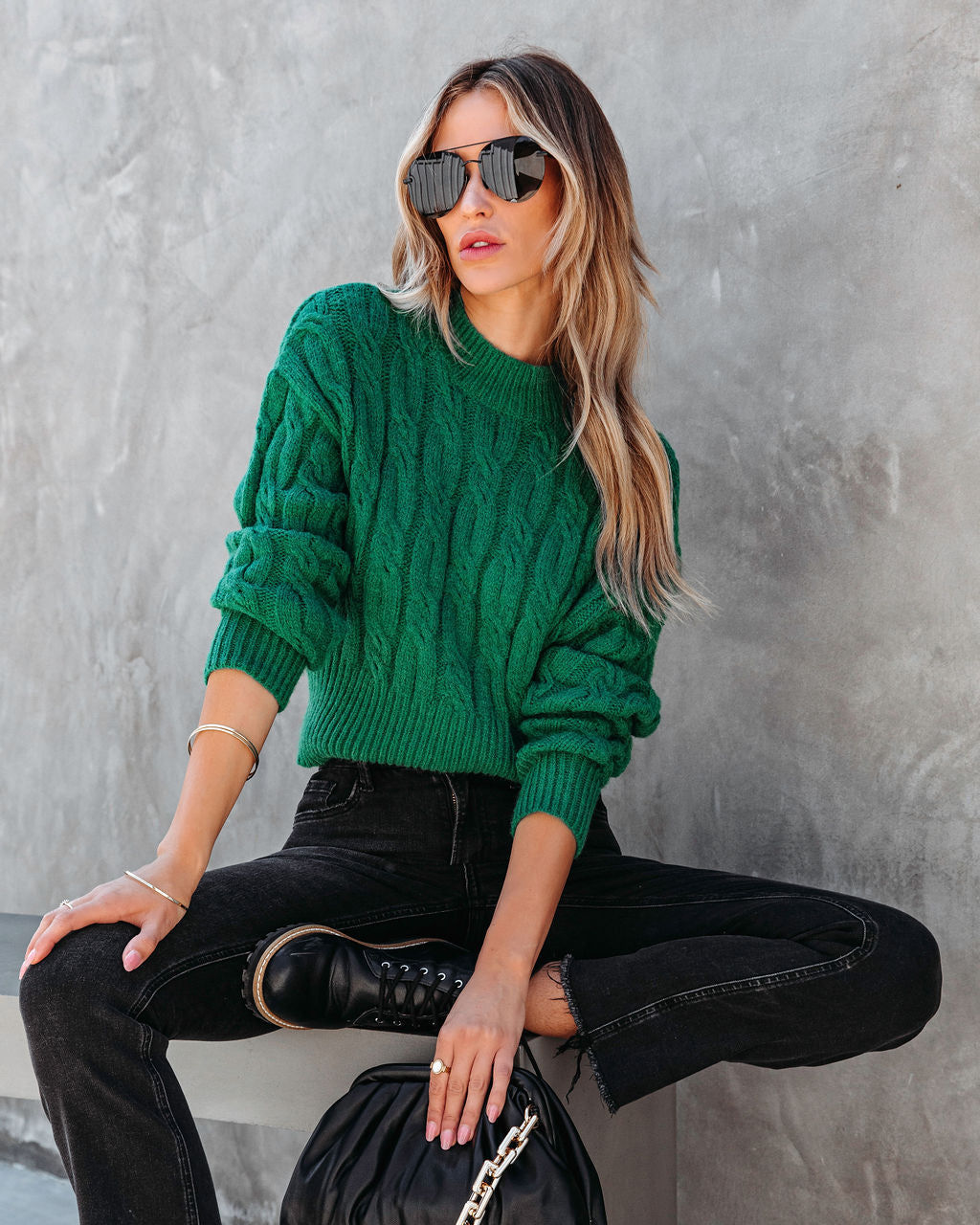 All In Good Fun Cable Knit Pullover Sweater - Emerald - Se7enfashion