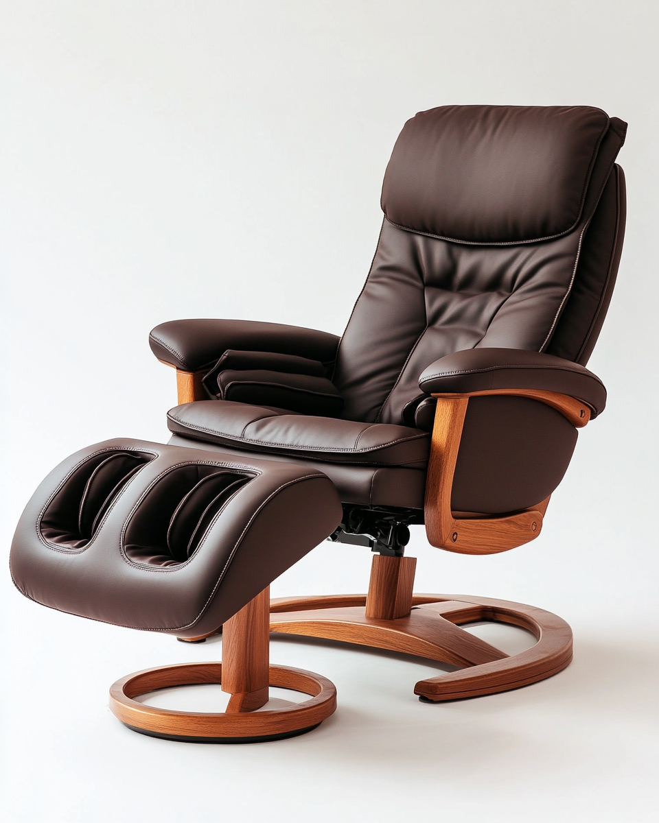 Sillón reclinable de piel marrón con reposapiés masajeador eléctrico