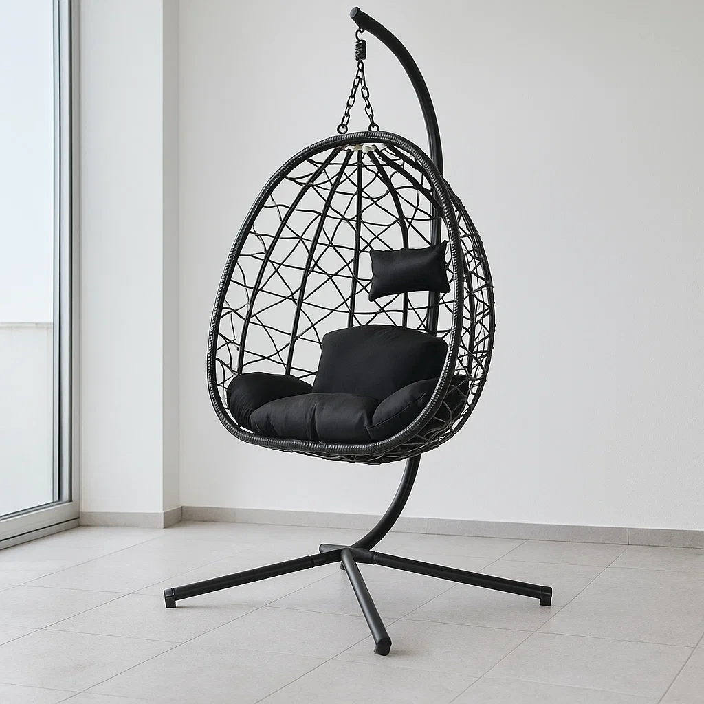 Sillón colgante con soporte negro de ratán sintético y acero para exterior o interior 95×95×198 cm - TDsxlbhi7TnC