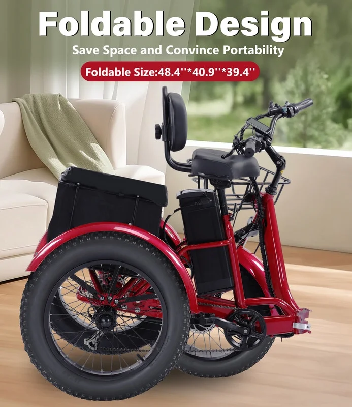 YEBEI Electric Tricycle for Adults Folding E-Trike Motorized Tricycle Electric 3 Wheels Trike Powerful 500W Motor Electric Tricycle 48V15AH Lithium Battery Max 20MPH 20*4.0- Fat Tire Orange - Image 40
