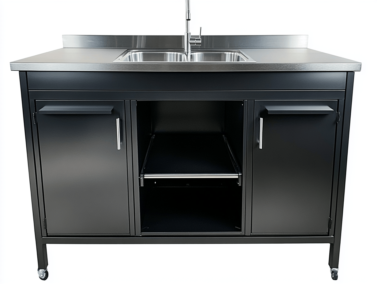 Mueble de cocina exterior – acero negro con fregadero – con armarios cerrados y ruedas