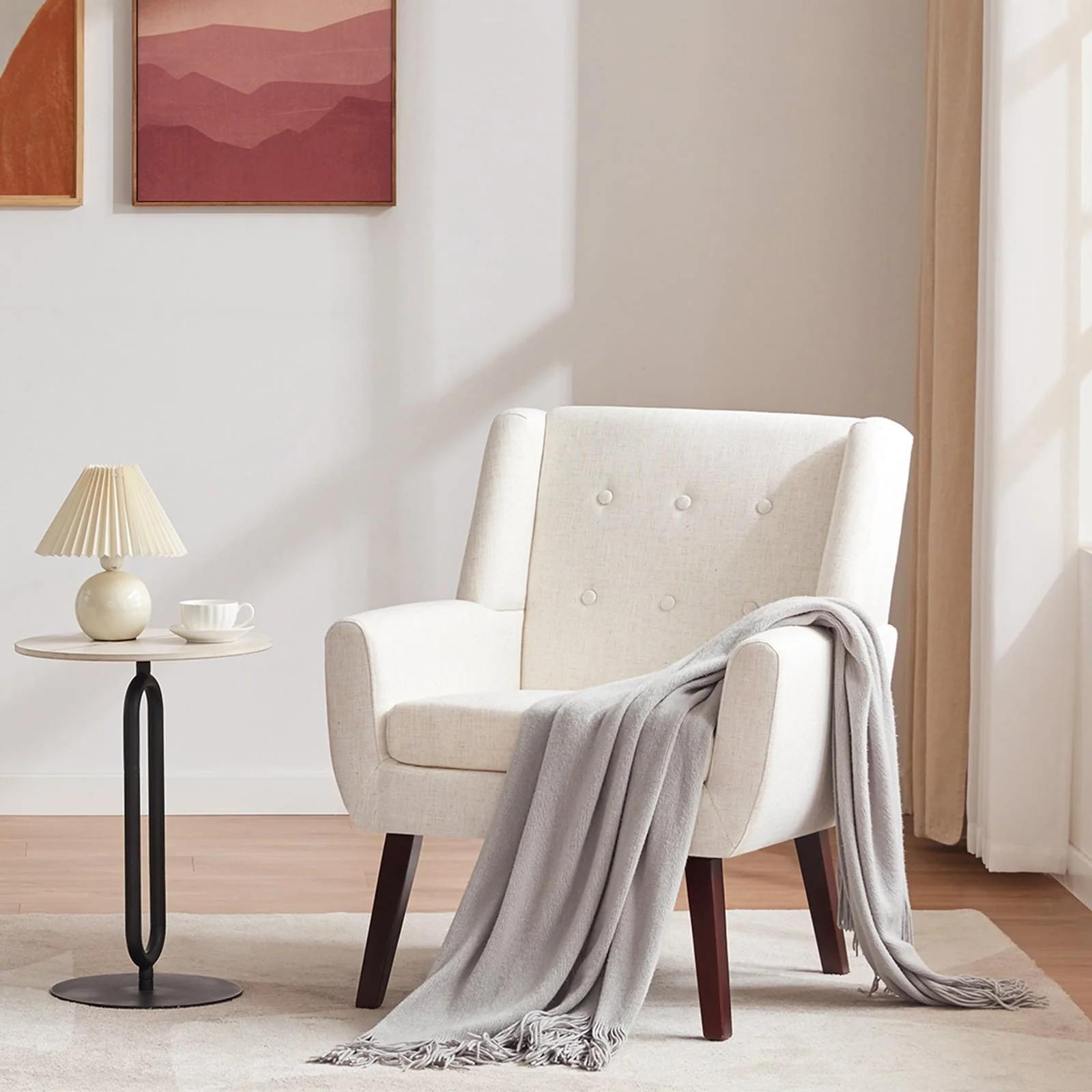 HUIMO Accent Chair, Button-Tufted Upholstered Living Room Chairs, Mid Century Modern Comfy Reading Chairs for Bedroom, Living Room, Beige - Image 15
