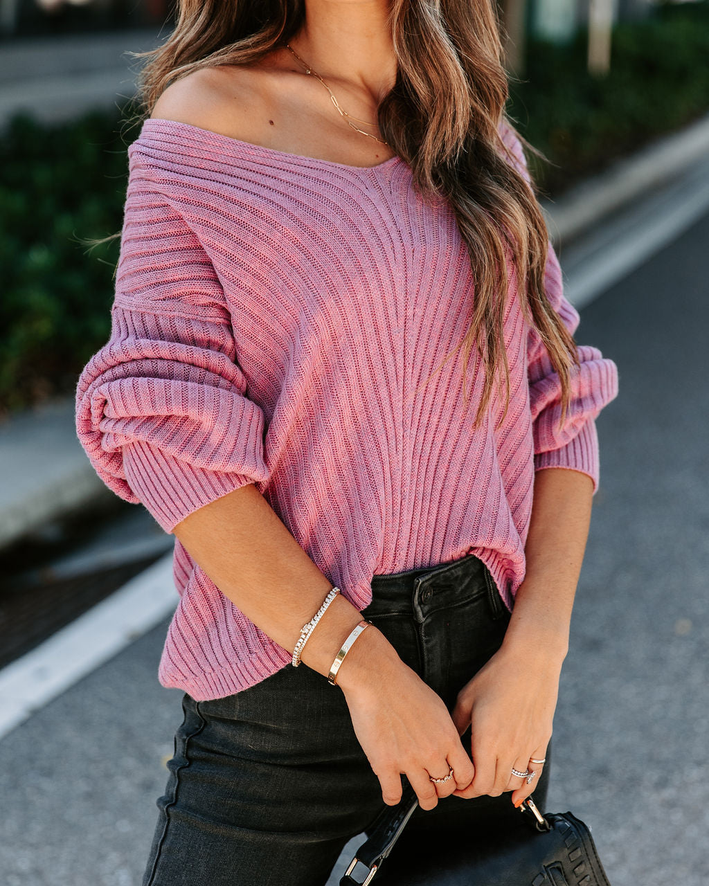 Pacifica Ribbed Knit Pullover Sweater - Mauve - Se7enfashion