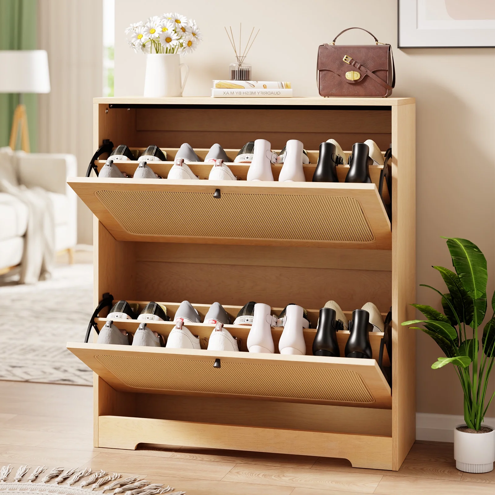 Hommpa Rattan Shoe Cabinet with 2 Flip Drawers & Adjustable Shelves 5 Tier Freestanding Tipping Bucket Shoes Storage Closet for 16 Pairs Narrow Console Table Modern Boho Entryway Shoe Rack Organizer - Image 15