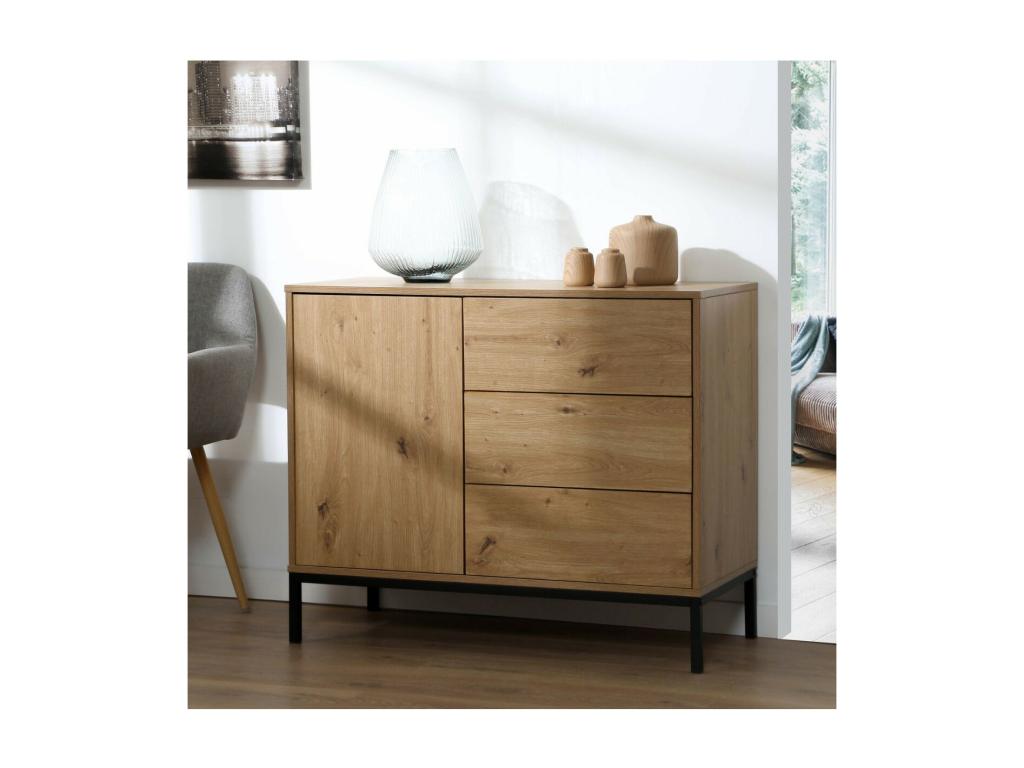Cómoda 1 Puerta 3 Cajones Decoración Roble - L90 x H80 cm