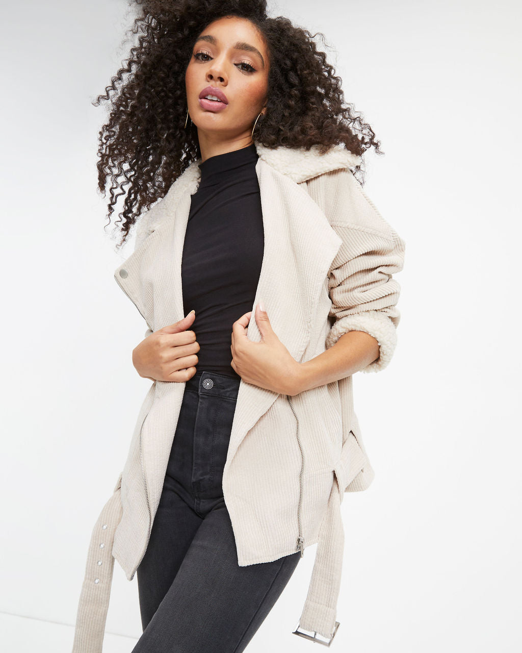 Blake Corduroy Faux Sherpa Moto Jacket - Cream - Se7enfashion