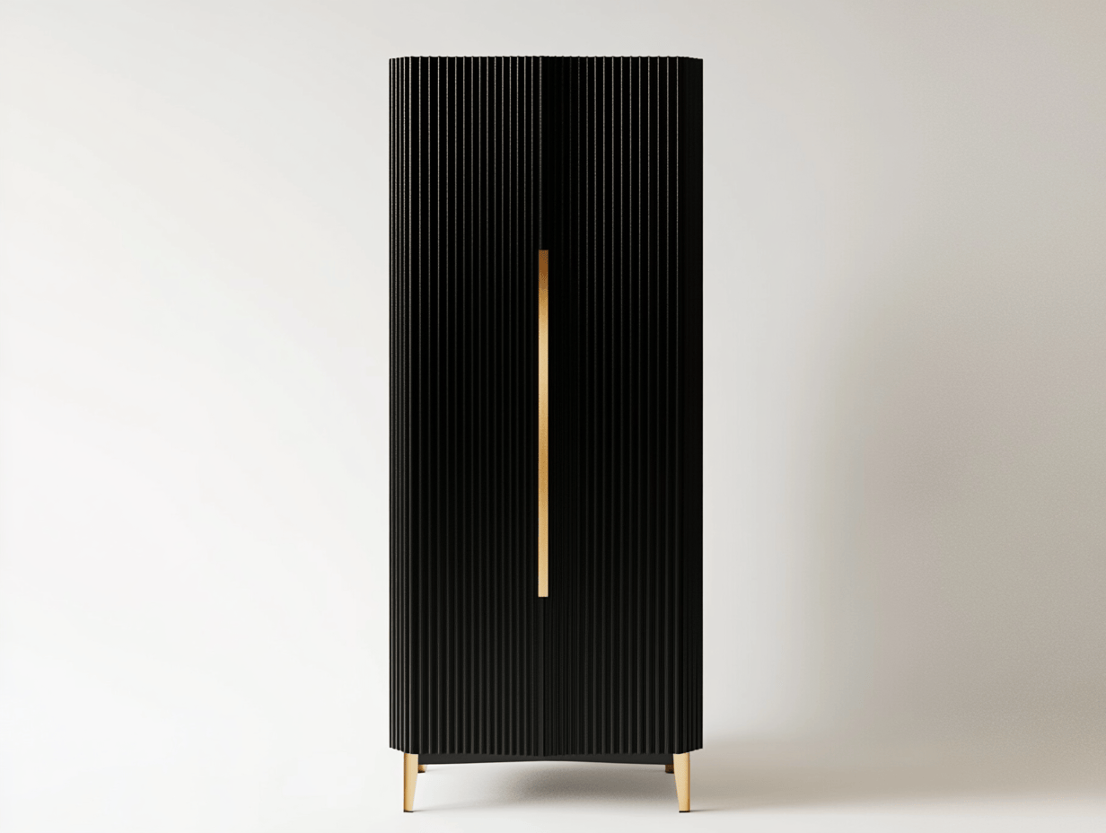 Armario vertical con diseño elegante, color negro y dorado, material madera y metal, adecuado para interiores, tamaño: 50x40x180 cm