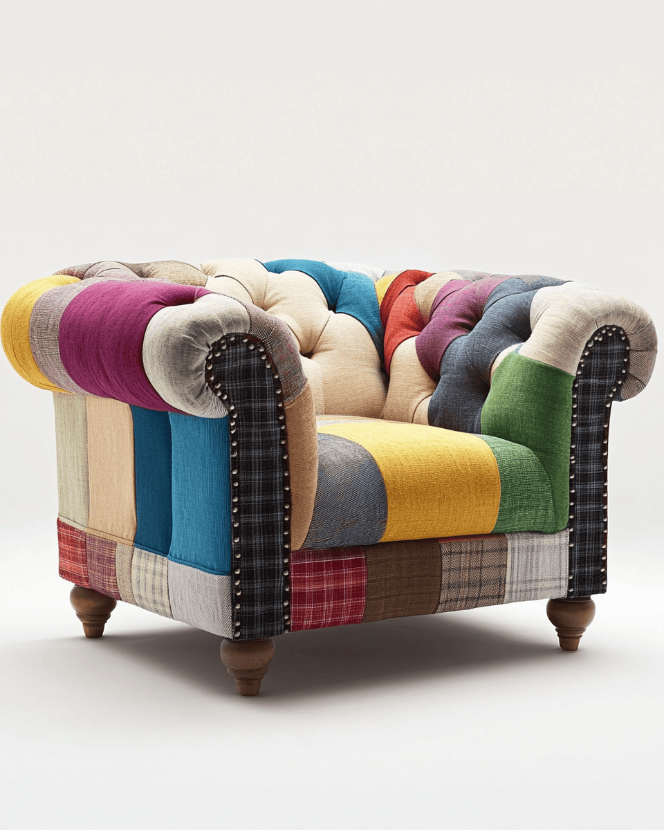 Sillón Chesterfield tapizado patchwork – multicolor – estilo vintage clásico