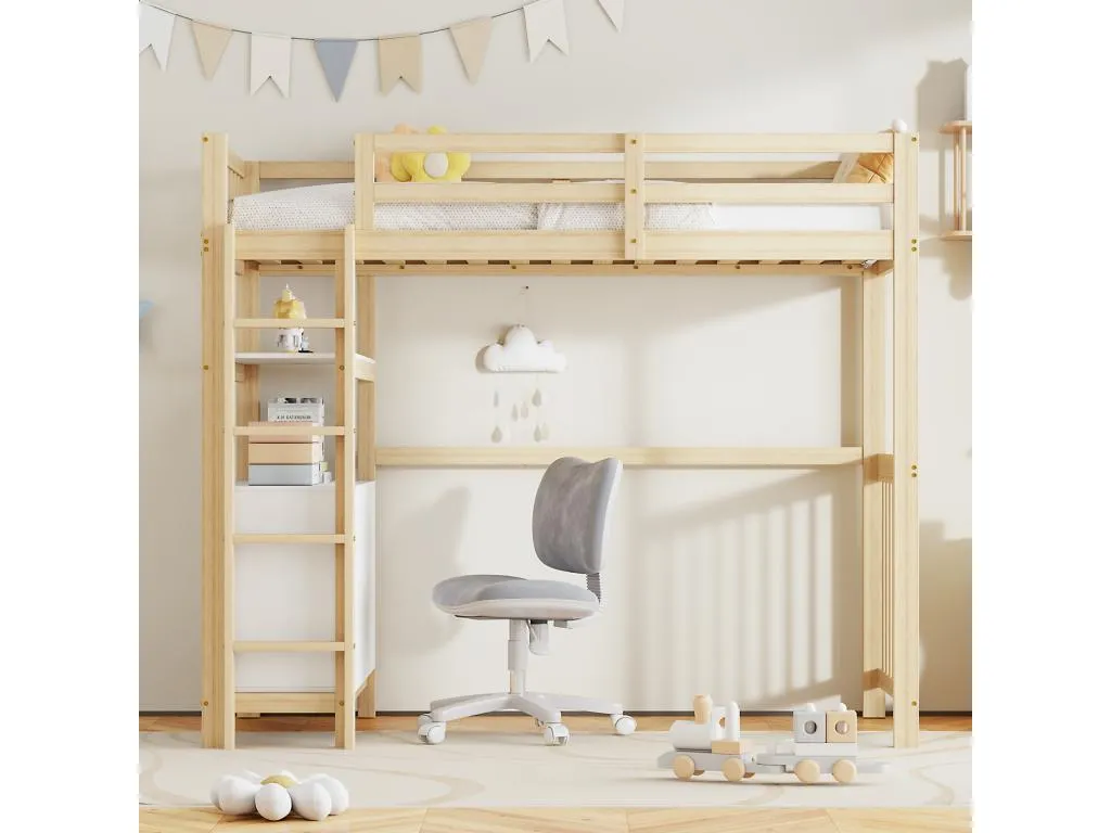 Cama alta 90x200cm - cama infantil con escalera, cajones y estantes, somier, valla alta - de madera de pino - natural jfv3466324