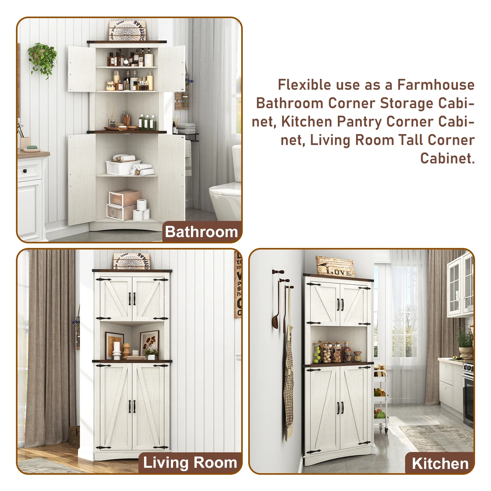 Blotout 68" Tall Farmhouse Corner Cabinet with 4 Doors, 28.3" W Barn Door Storage Cabinet with Adjustable Shelves, 5 Tier Corner Storage Cabinet for Bathroom,Living Room,Kitchen - Image 9