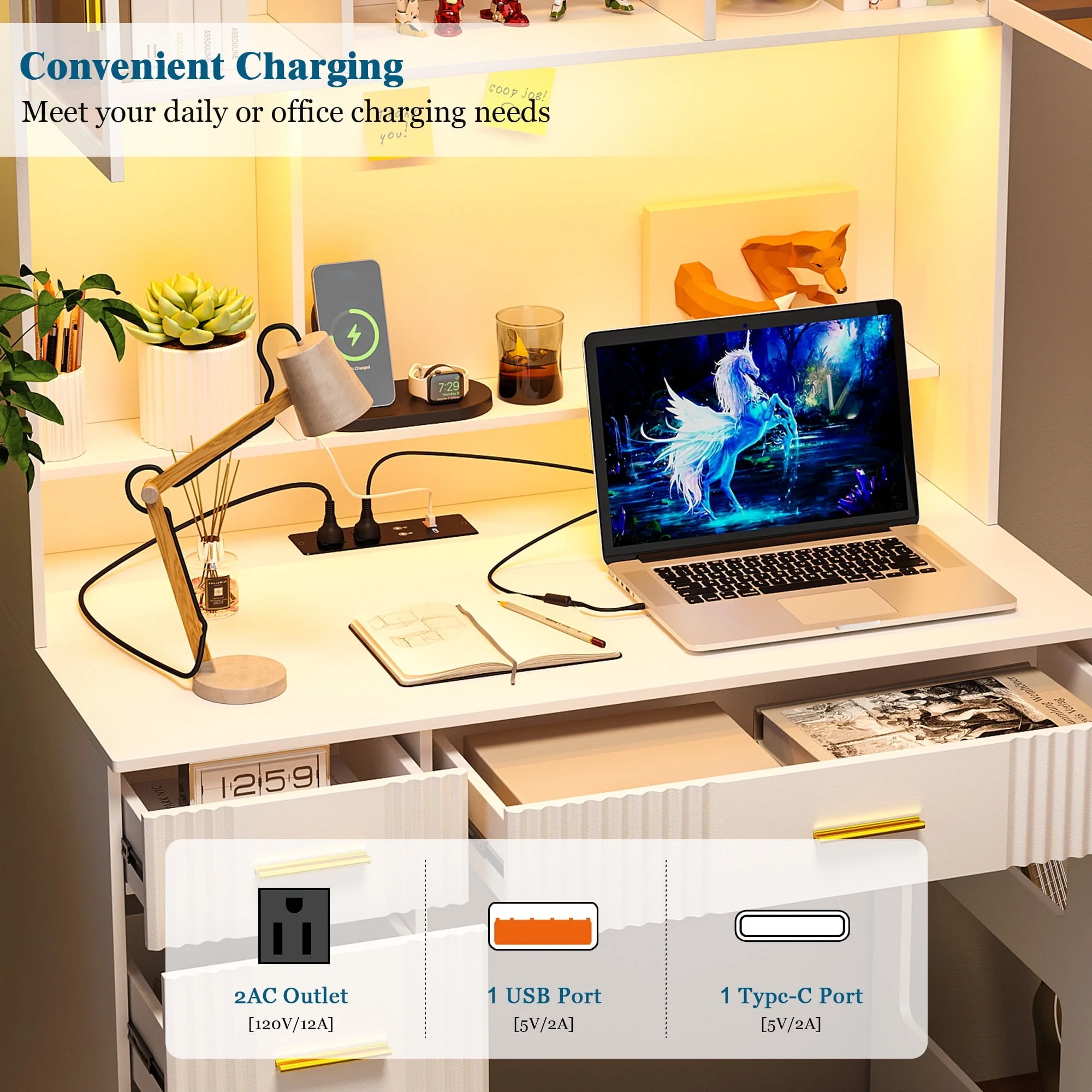 HNEBC LED Study Desk with Hutch and Drawer, Home Office Desk with Outlet, Computer Desk with Charging Station, Writing Desk for Bedroom, Workstation for Small Space - Image 5