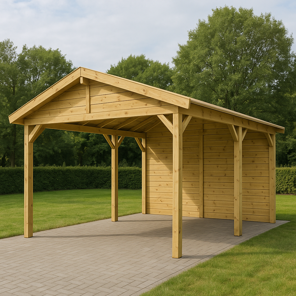 Cochera de jardín+Marquesina para vehículo+Madera natural+Pino tratado+Exterior/Estacionamiento 494x300x246.8cm