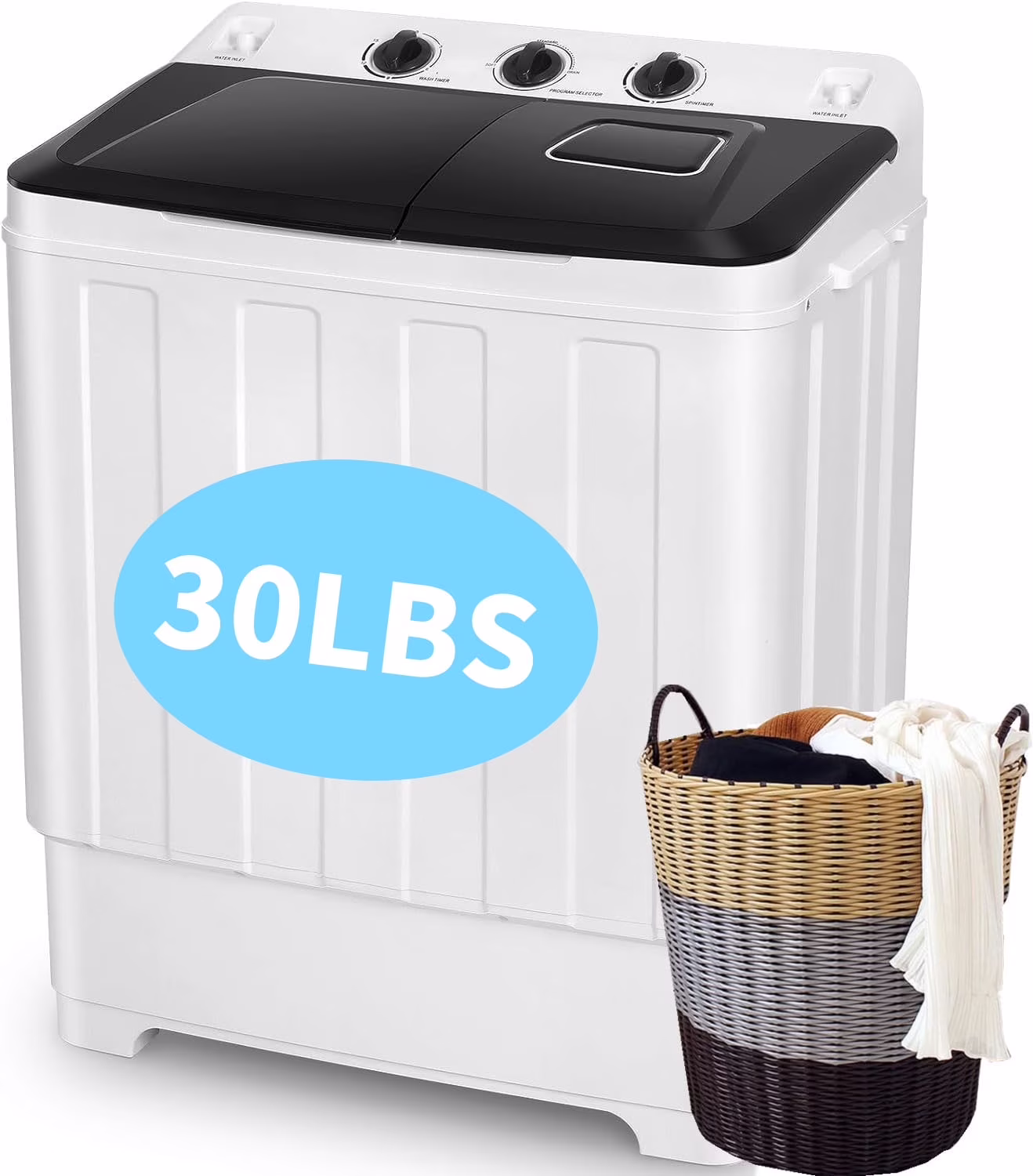 Veeboto Portable Washing Machine, 30LBS Twin Tub Mini Compact Laundry 19lbs Washer/11lbs Spinner with Drain Pump & Time Control Washer Spinner Combo, White