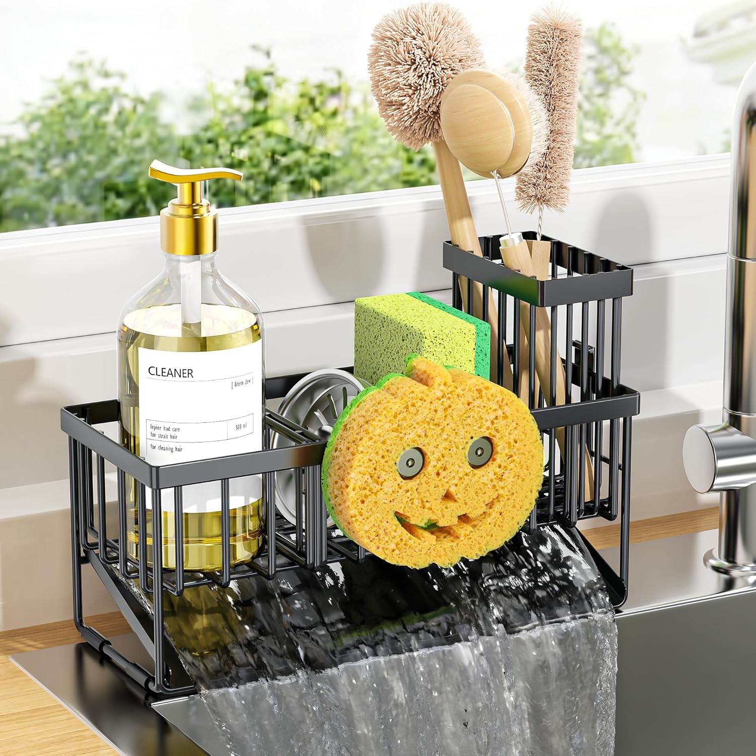 Cisily Sink Caddy Organzier with High Brush Holder, Sponge Holder for Sink, 304 Rustproof Stainless, Kitchen Countertop Soap Dispenser Organizer, Dark Gray Kitchen Decor and Accessories