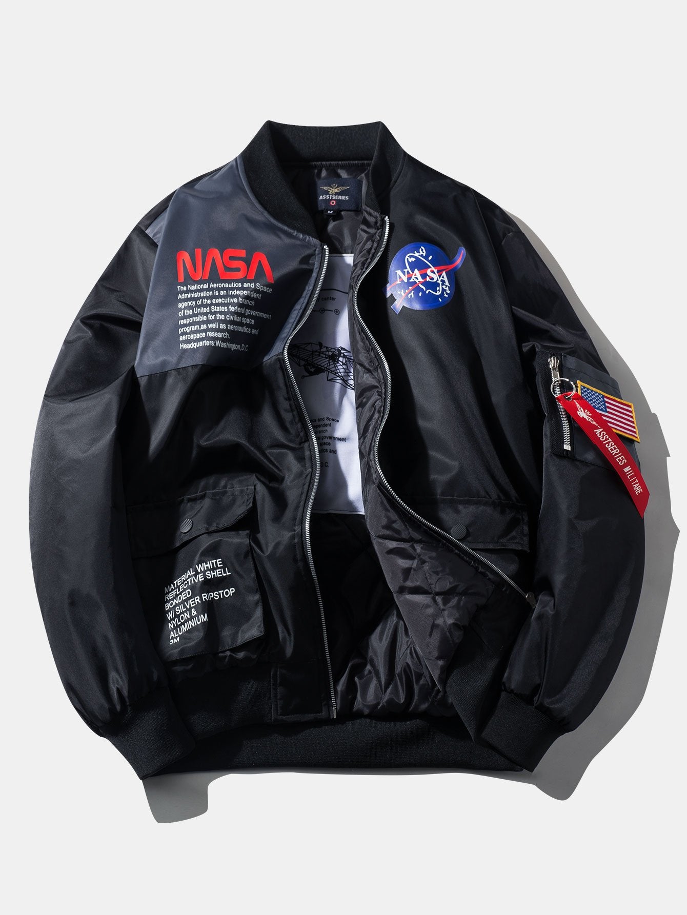 Oversized Quilted Lined NASA Print Bomber Jacket