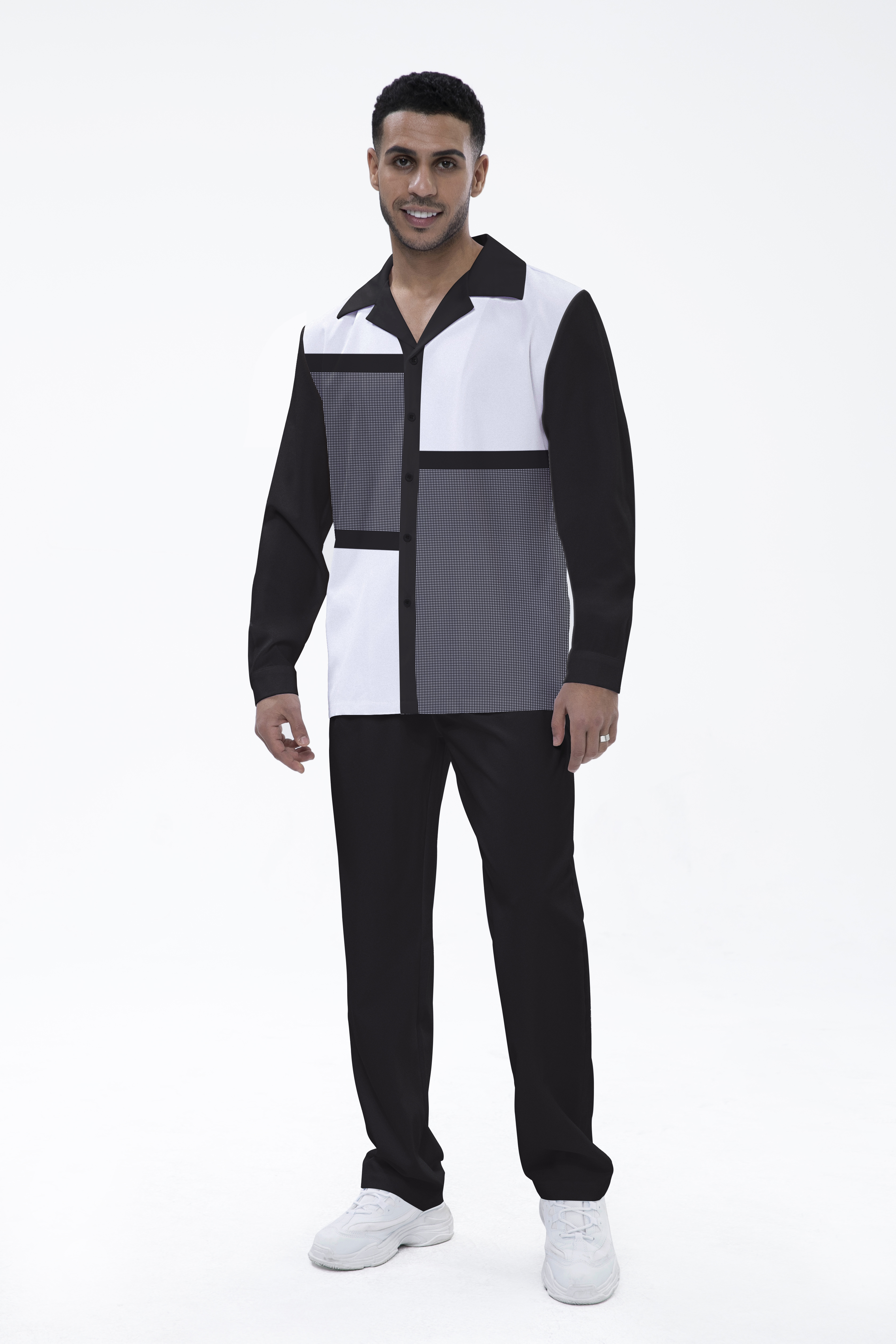 Color Block Plaid Long Sleeve Walking Suit 001