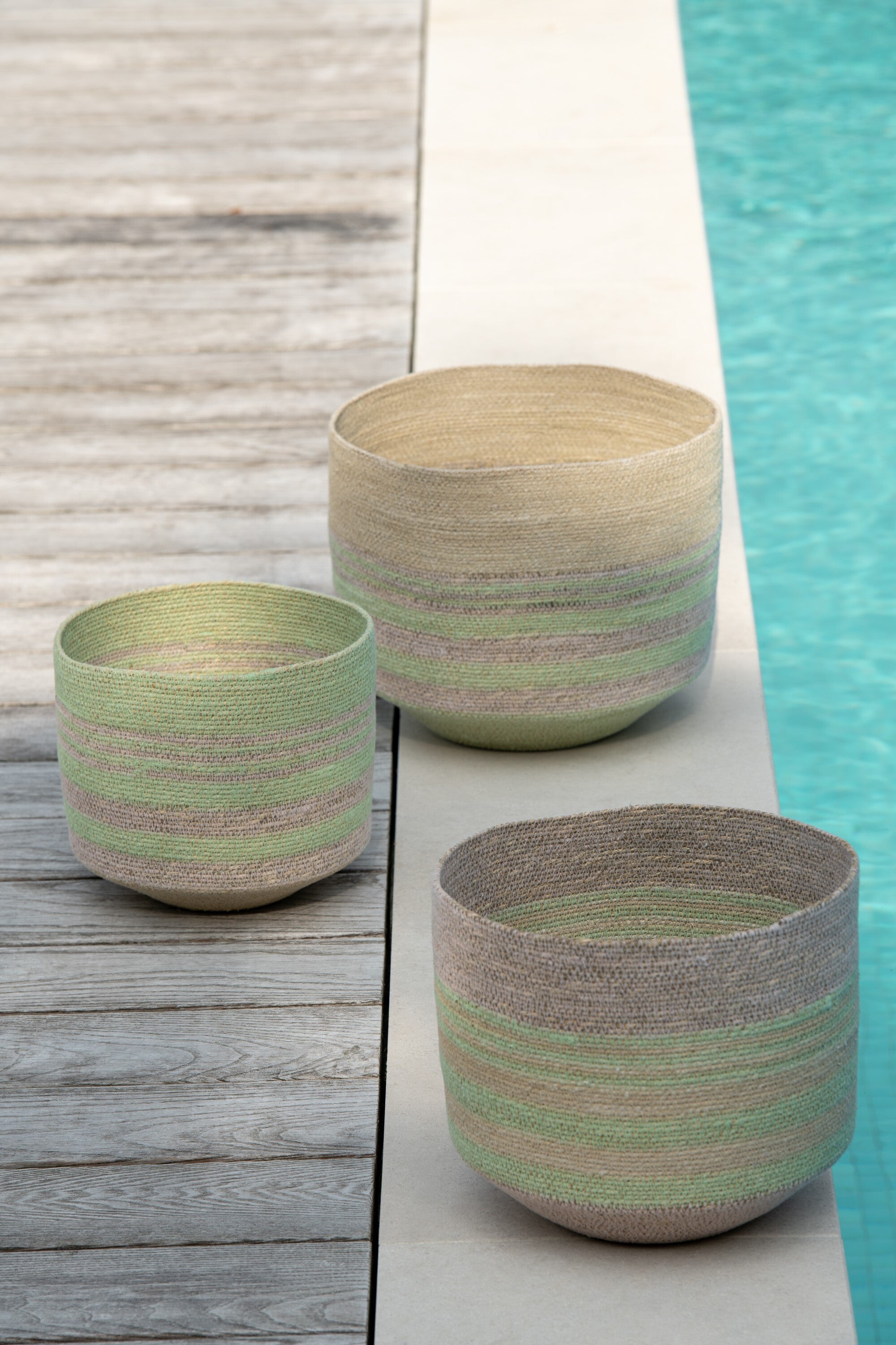 J-Line mand Strepen - riet - naturel groen - set van 3