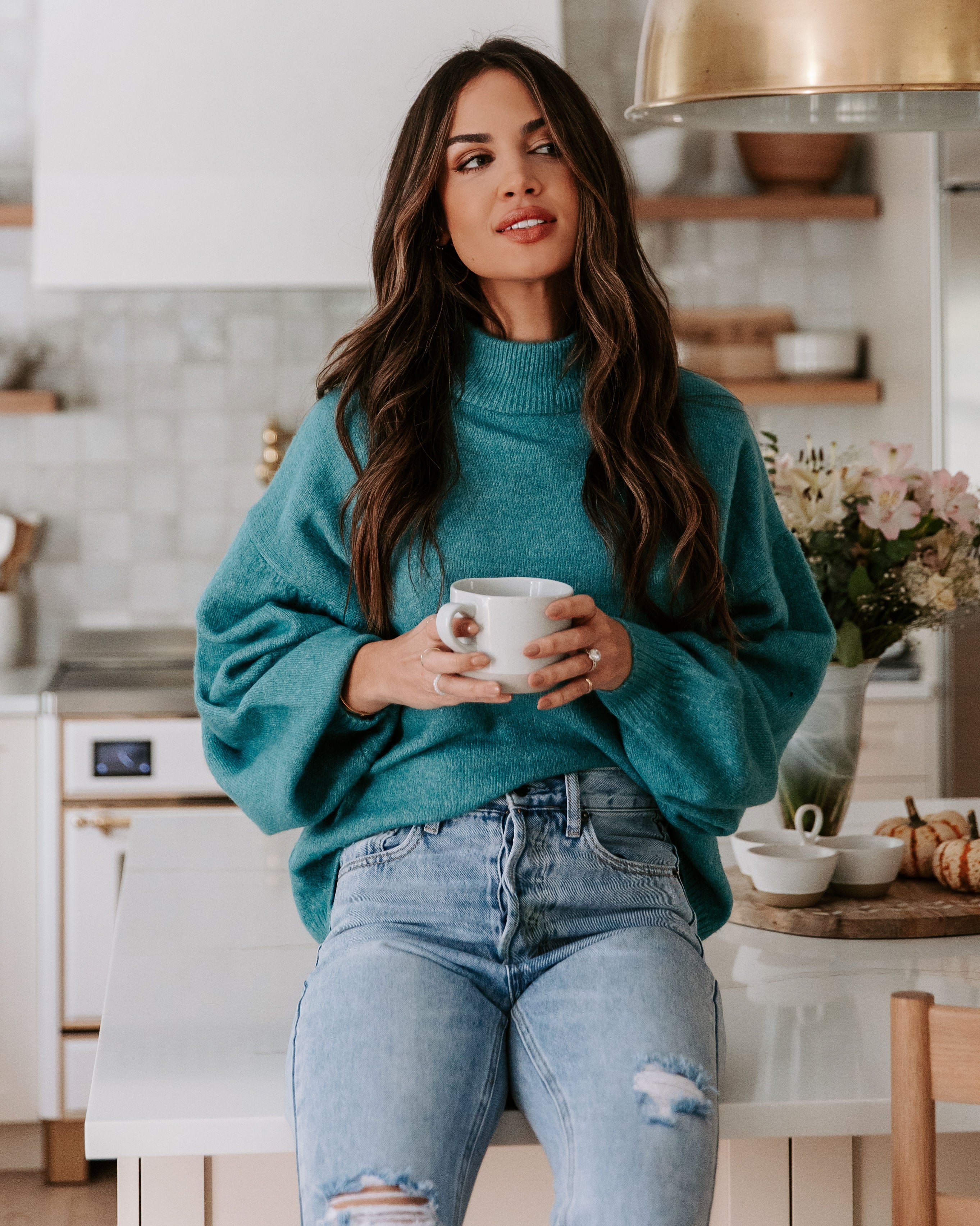 Annika Knit Mock Neck Pullover Sweater - Teal - Se7enfashion