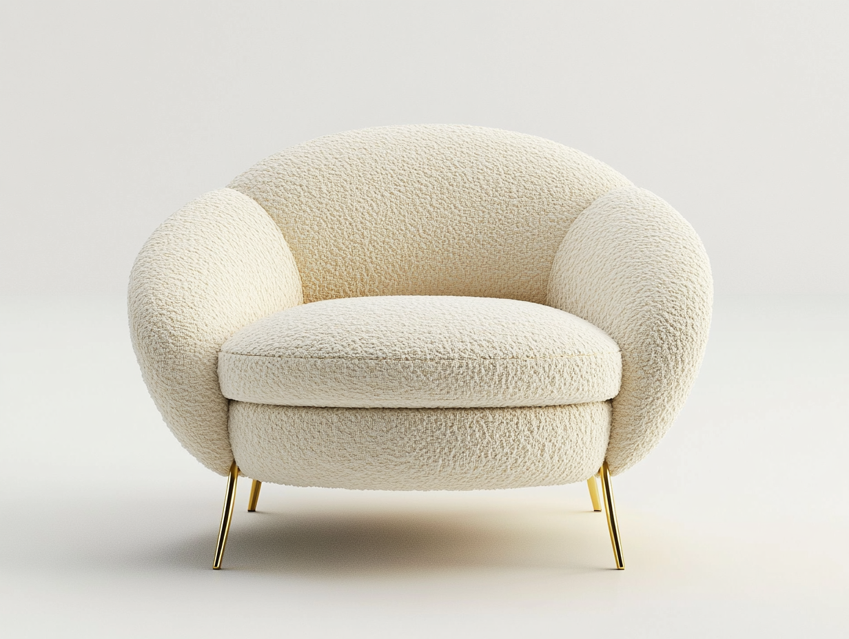 Sillón individual – tejido bouclé blanco – diseño semicircular con patas metálicas doradas