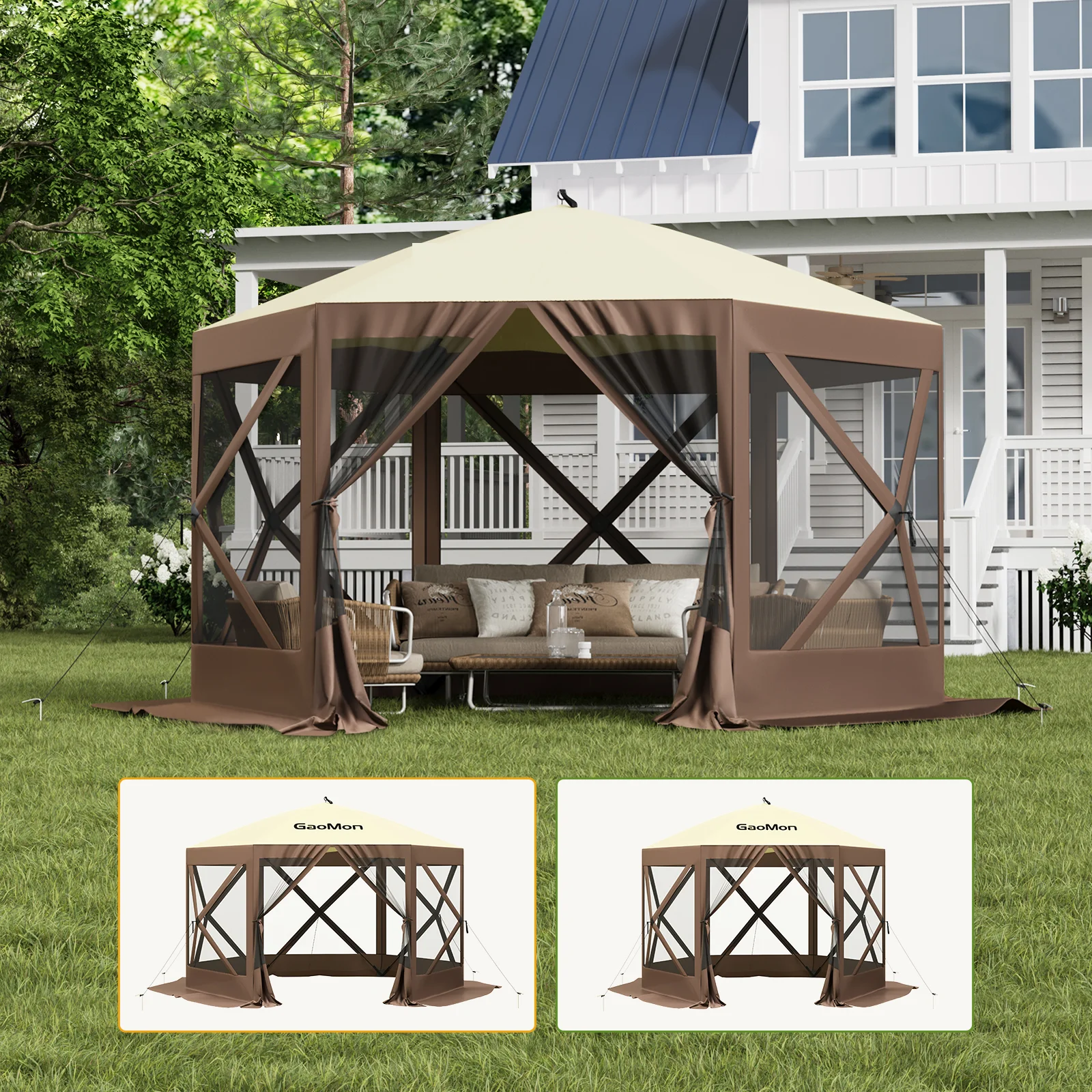 Pop Up Gazebo,Portable Outdoor Camping Canopy Screen Tent With Waterproof 6 Sidewalls&Mosquito Netting,Easy Up Windproof & Waterproof Party Tent For Lawn Garden Backyard,Grey/Brown - Image 2