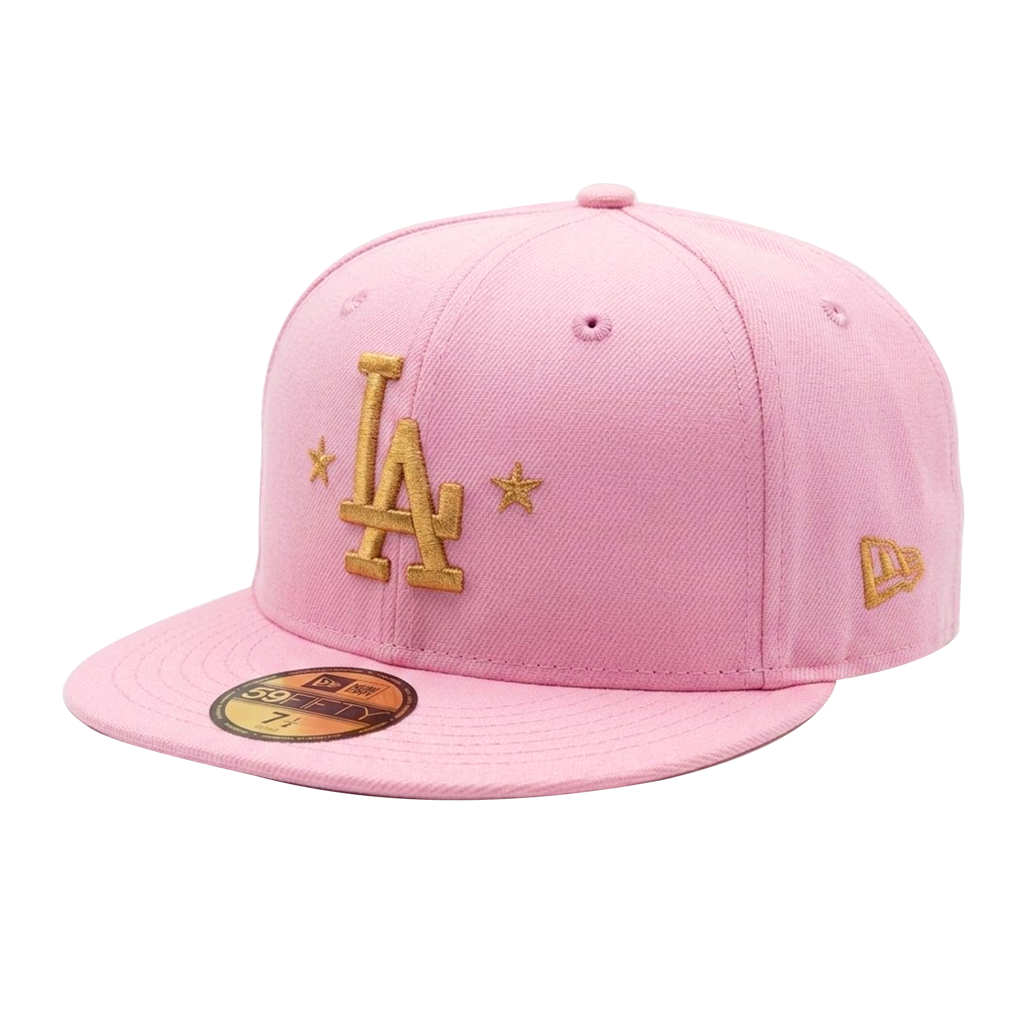 Angled left view of the pink Los Angeles Dodgers 59FIFTY hat displaying the gold LA logo, star embroidery, and the gold New Era flag on the side panel.