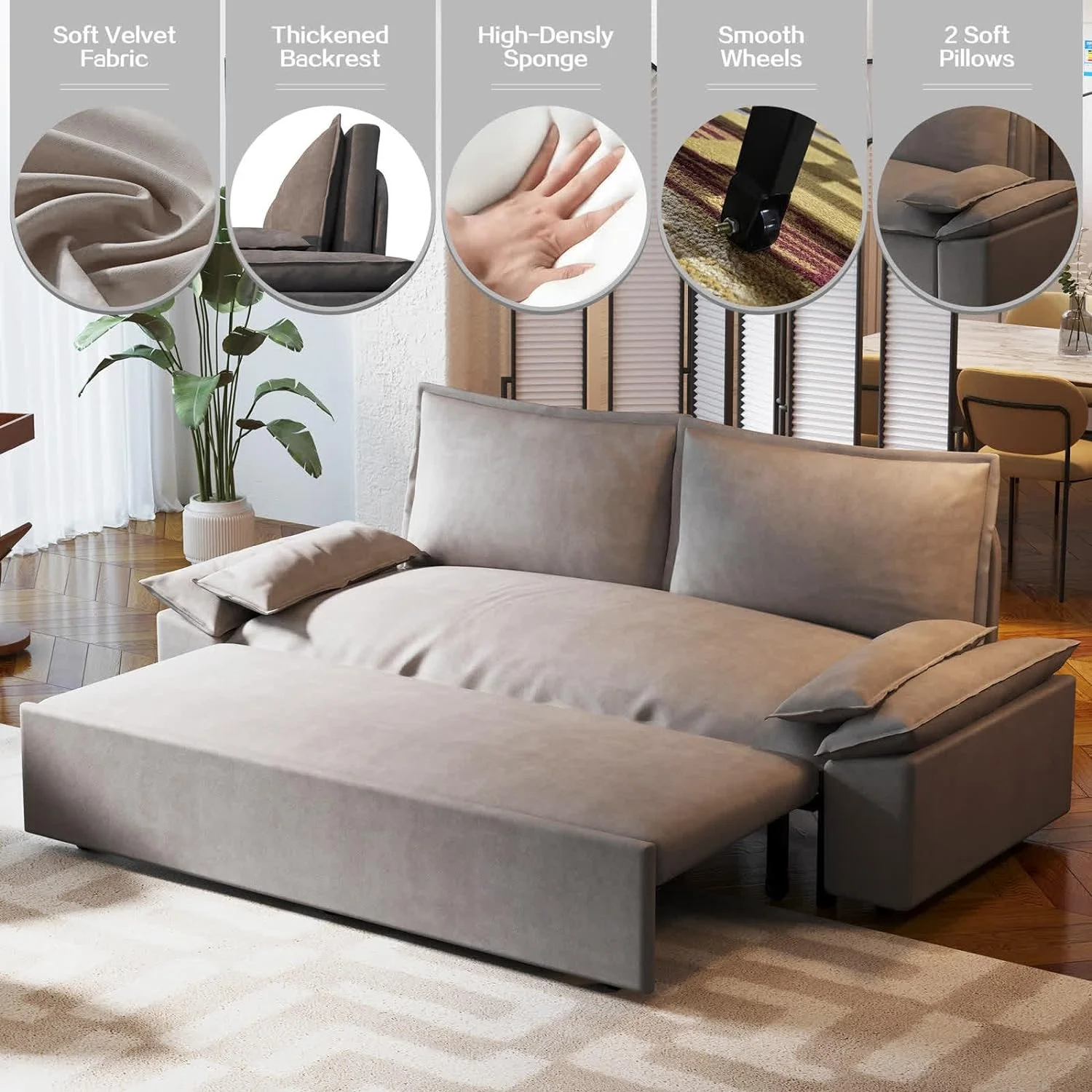 Tabaray 63.8" Futon Sofa Bed Queen Size, Pull Out Bed, 3-in-1 Convertible Sleeper Sofa with Side Pocket, Modern Plush Velvet Futon Couch for Living Room, Small Space, Apartment, Bedroom, Black - Image 61