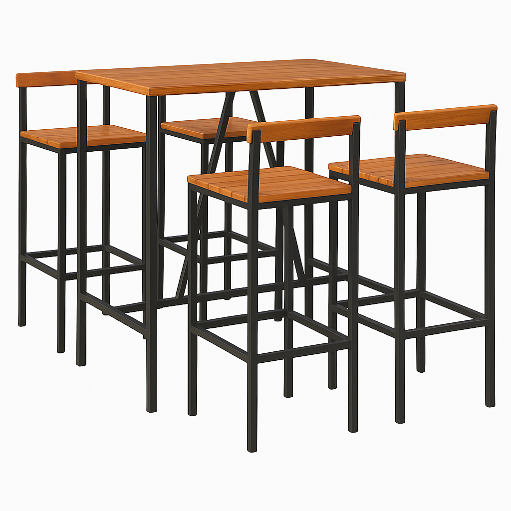 Bar de jardín, una mesa con cuatro sillas altas, mesa de comedor alta y sillas de exterior, de madera y color negro.