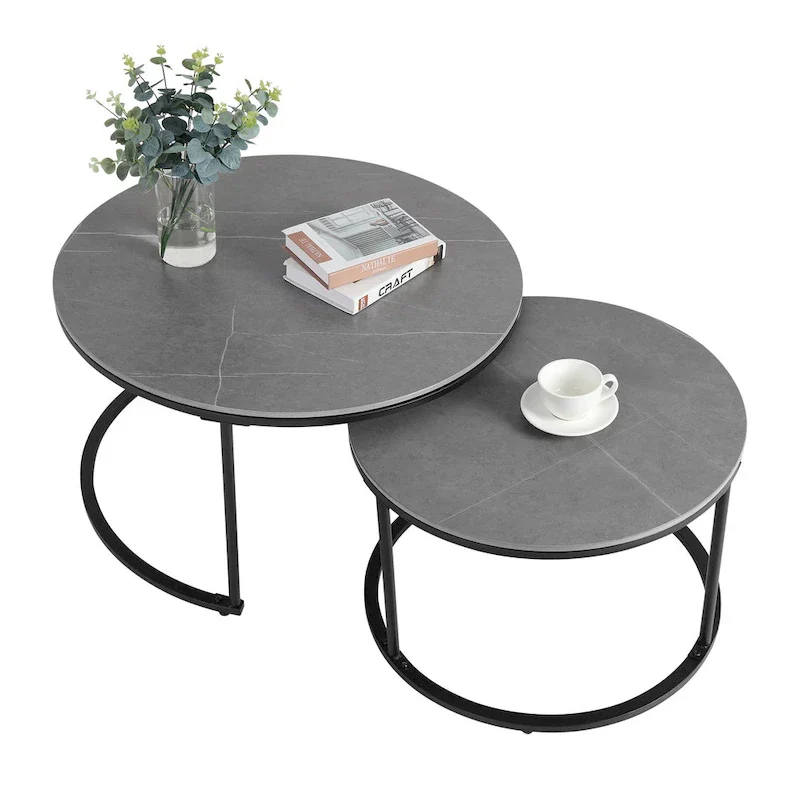 Round Sintered Stone Top Nesting Coffee Table with Black Metal Frame - 31.5 x 17.7 Inches